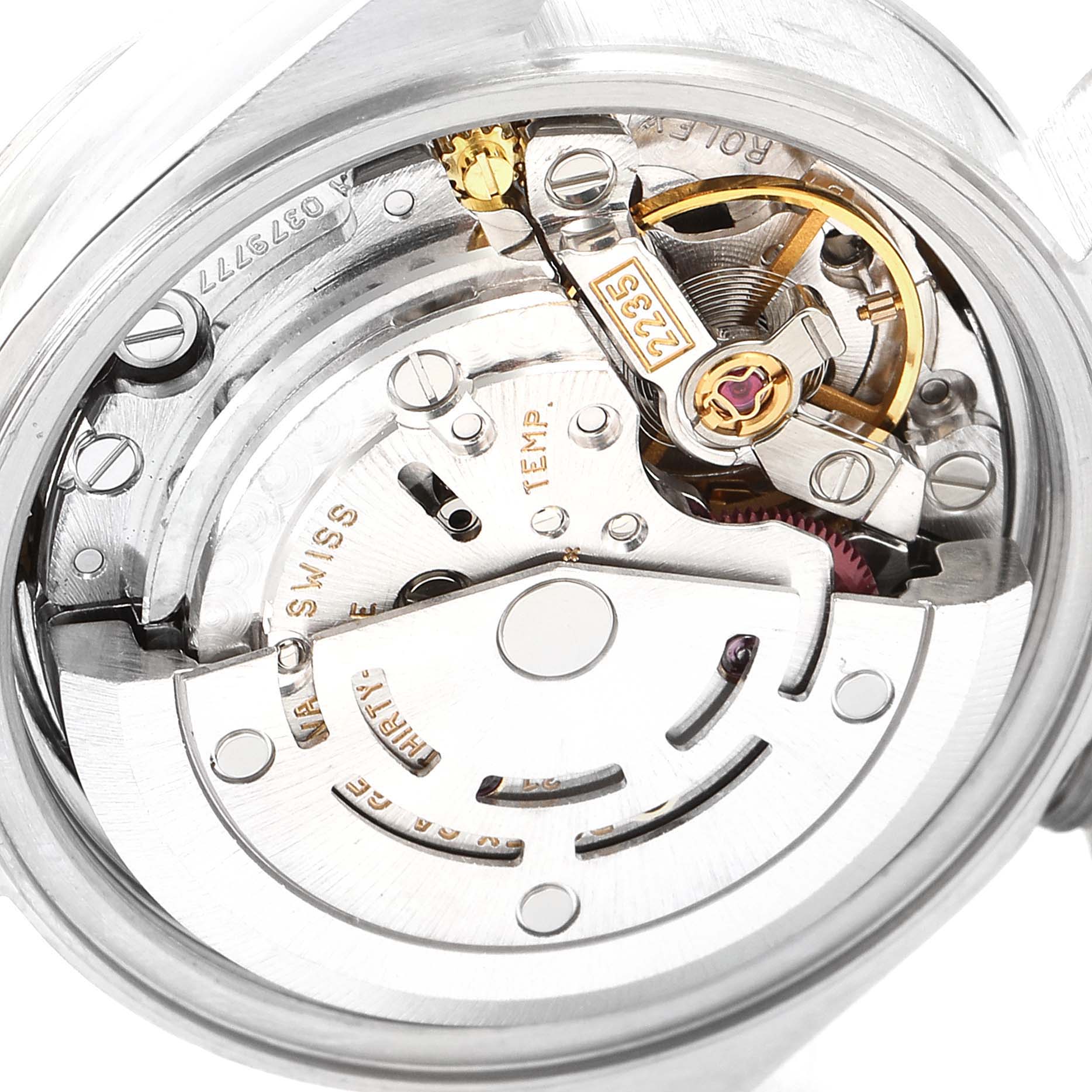 This image shows a close-up view of the Rolex Datejust 79160 Women's Stainless Steel Blue Dial 79160 Women's Stainless Steel Blue Dial model's mechanical movement, highlighting its intricate components.