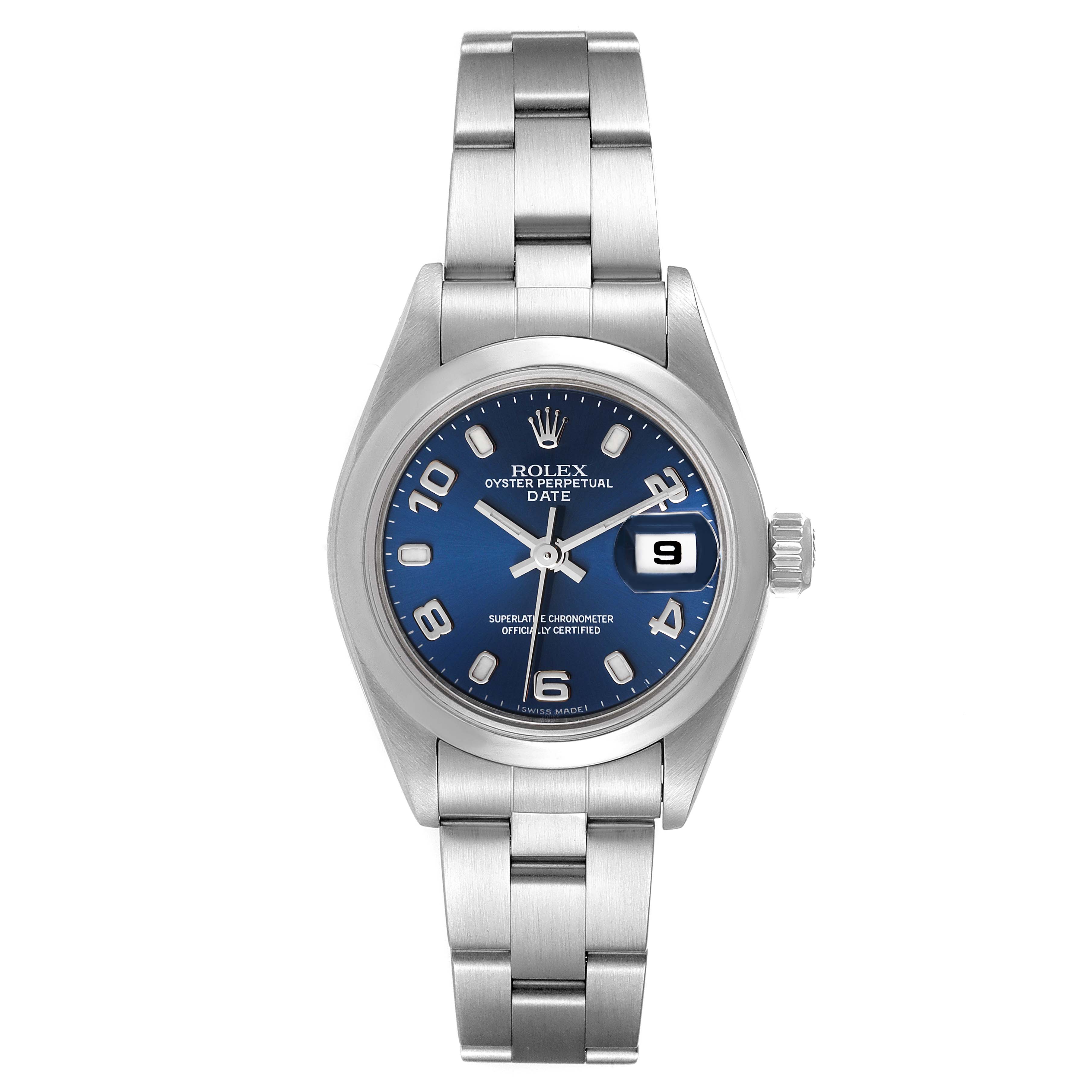 This image shows a front view of the Rolex Datejust 79160 Women's Stainless Steel Blue Dial 79160 Women's Stainless Steel Blue Dial watch, highlighting its blue dial, date window, and stainless steel bracelet.