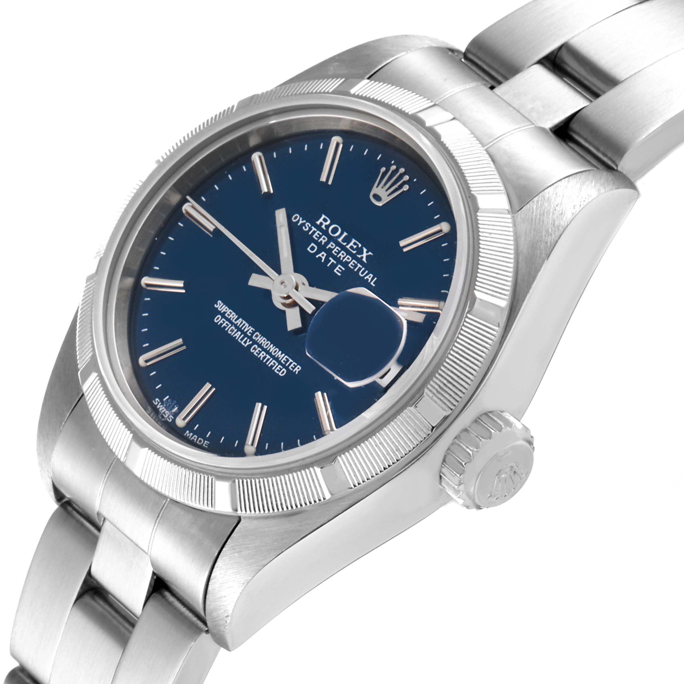 This image shows a close-up angled view of the Rolex Date 79190 Women's Stainless Steel Blue Dial 79190 Women's Stainless Steel Blue Dial model watch, highlighting the dial, bezel, bracelet, and crown.