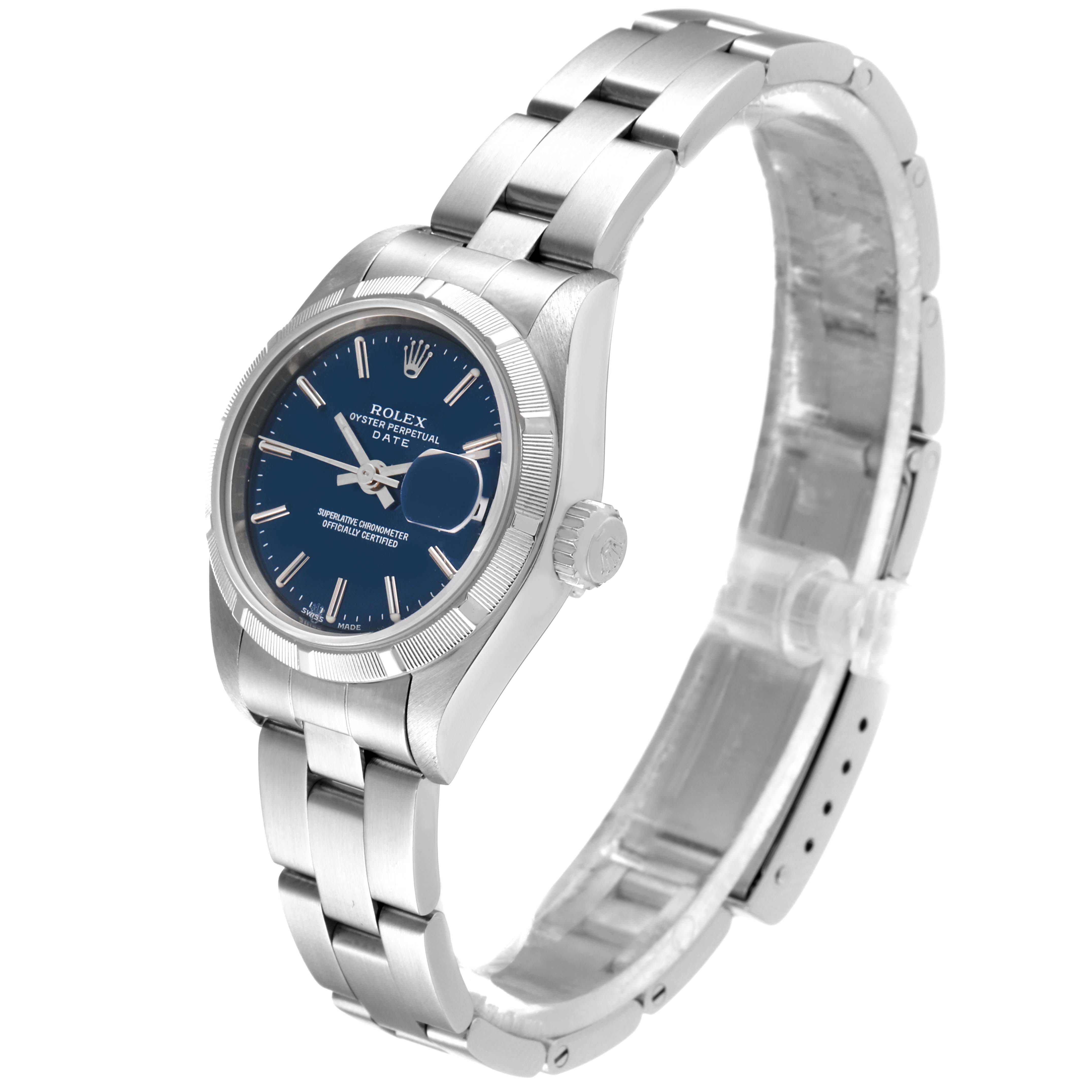 This image shows a Rolex Date 79190 Women's Stainless Steel Blue Dial 79190 Women's Stainless Steel Blue Dial model watch at a three-quarter angle, highlighting the dial, bezel, crown, and bracelet.