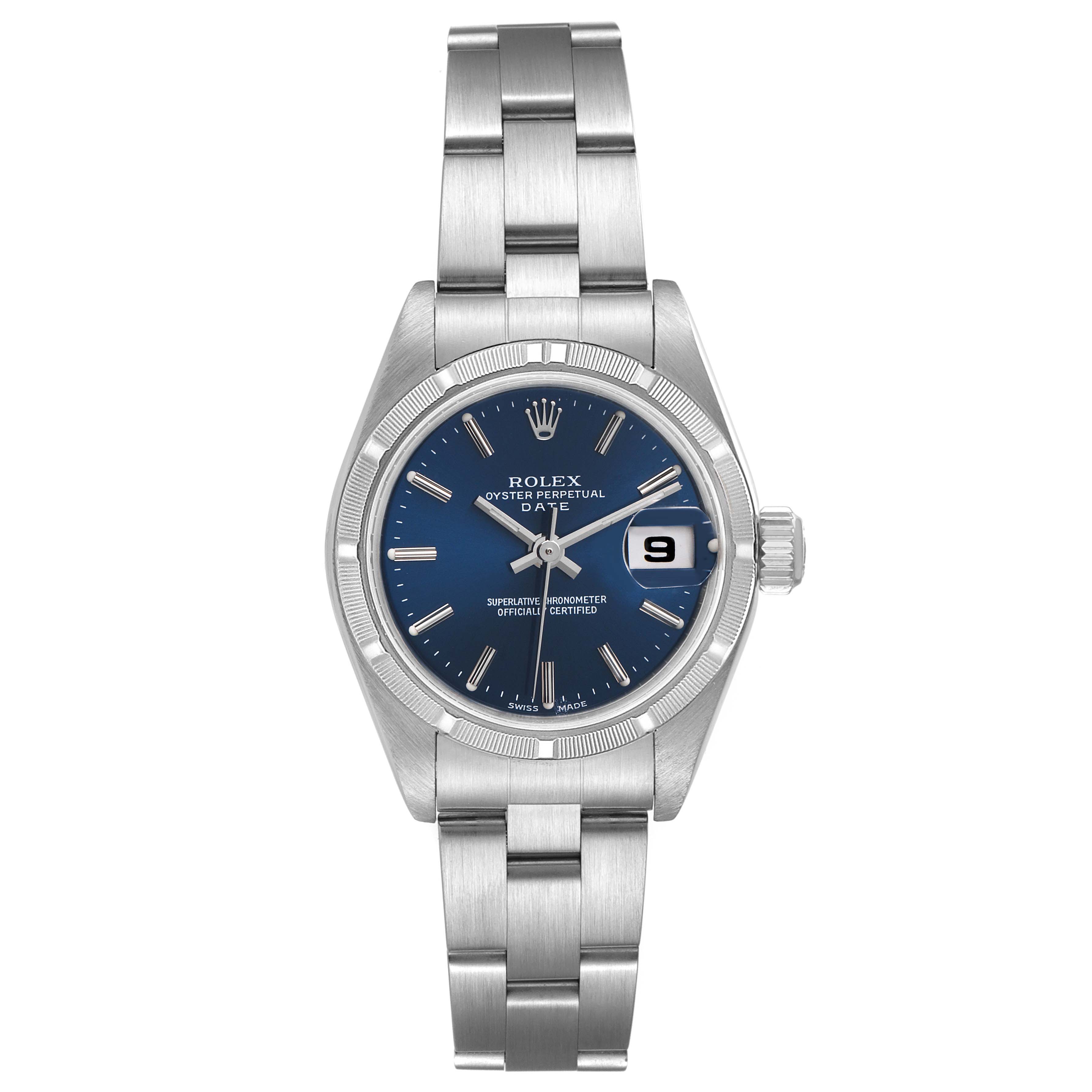 The image shows a front view of the Rolex Oyster Perpetual Date watch, displaying the face, bracelet, and crown.