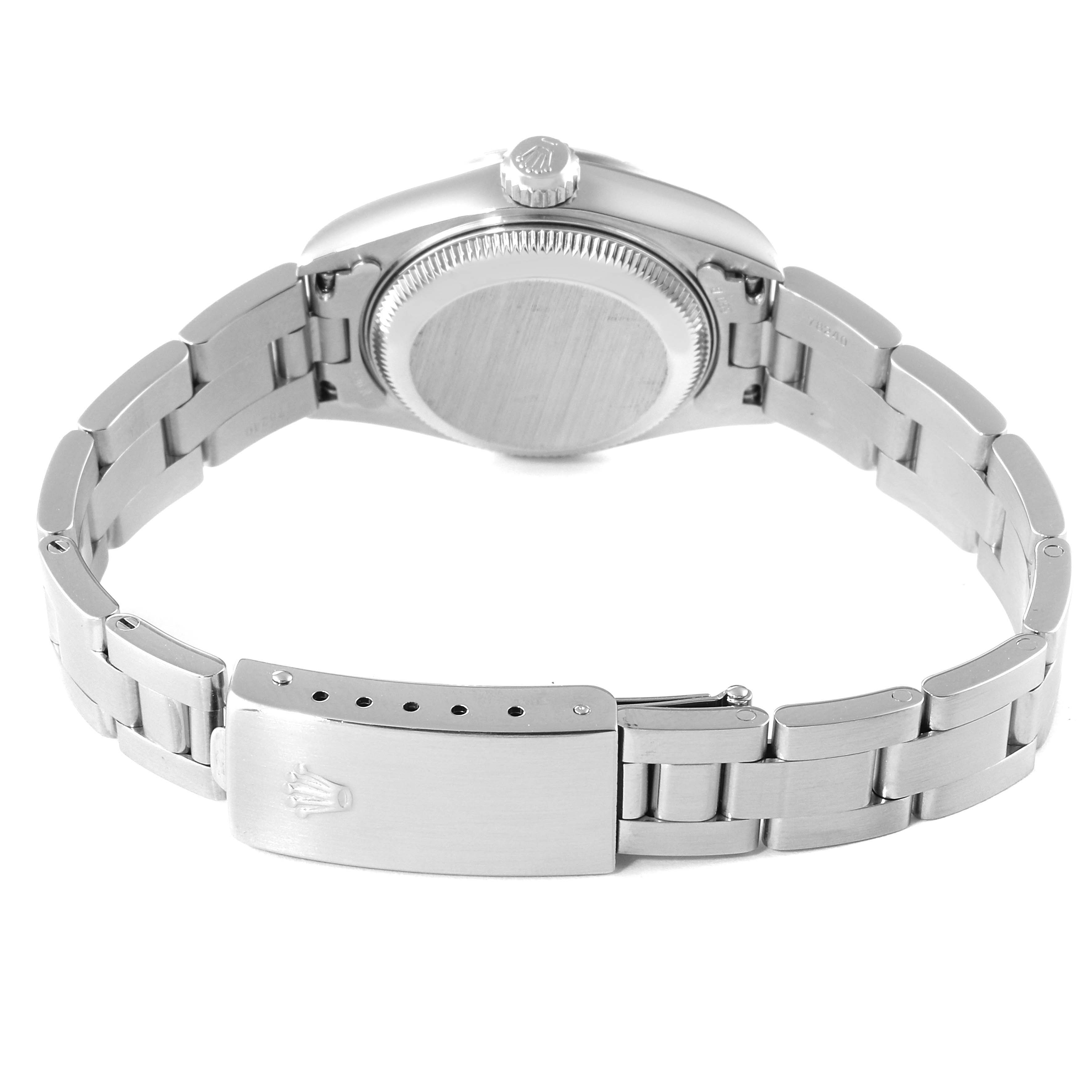 The image shows the back view of a Rolex Date 79190 Women's Stainless Steel Blue Dial 79190 Women's Stainless Steel Blue Dial model watch, highlighting the metal bracelet and clasp.