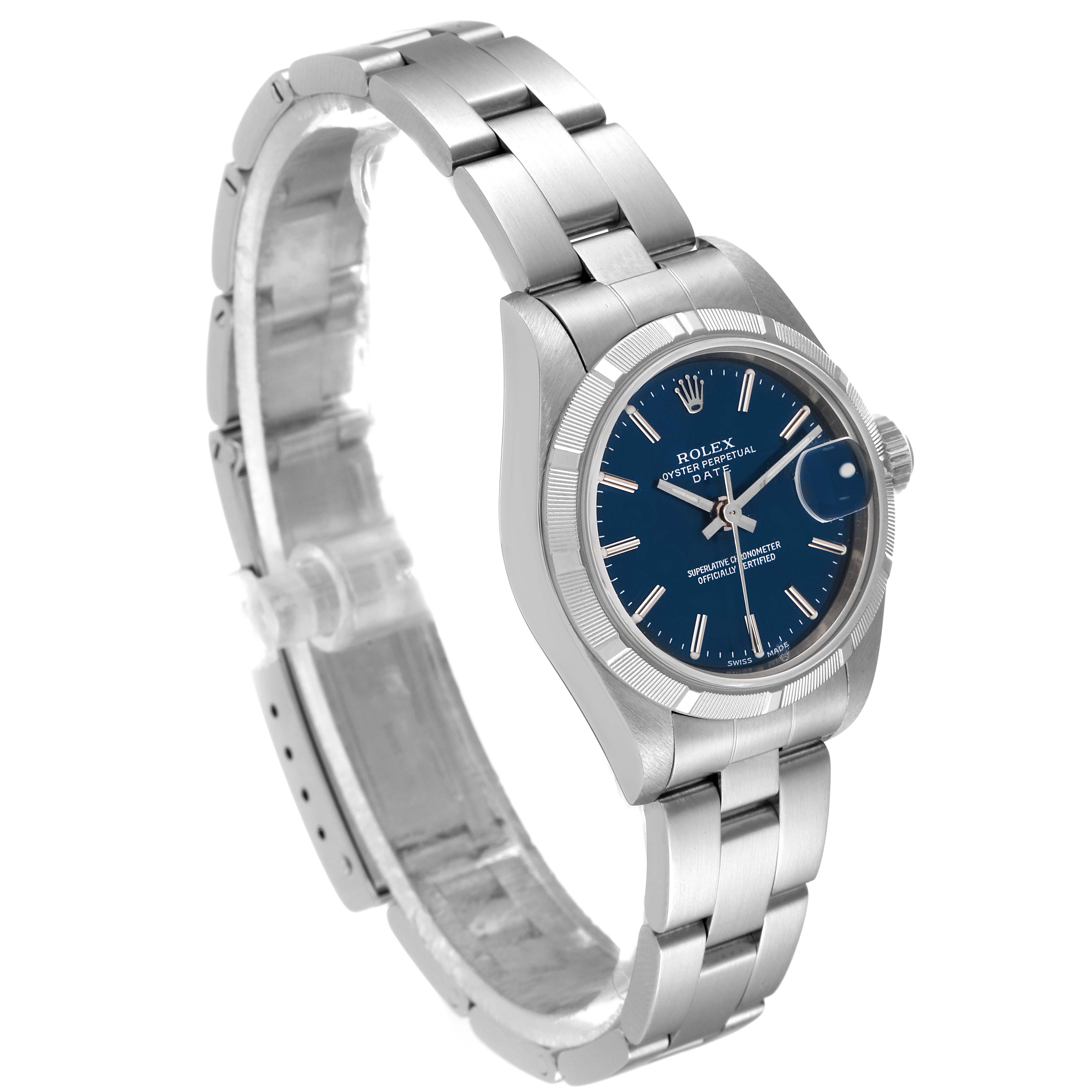 The Rolex Date 79190 Women's Stainless Steel Blue Dial 79190 Women's Stainless Steel Blue Dial model watch is shown at a three-quarter angle, highlighting the blue dial, stainless steel bracelet, and case.