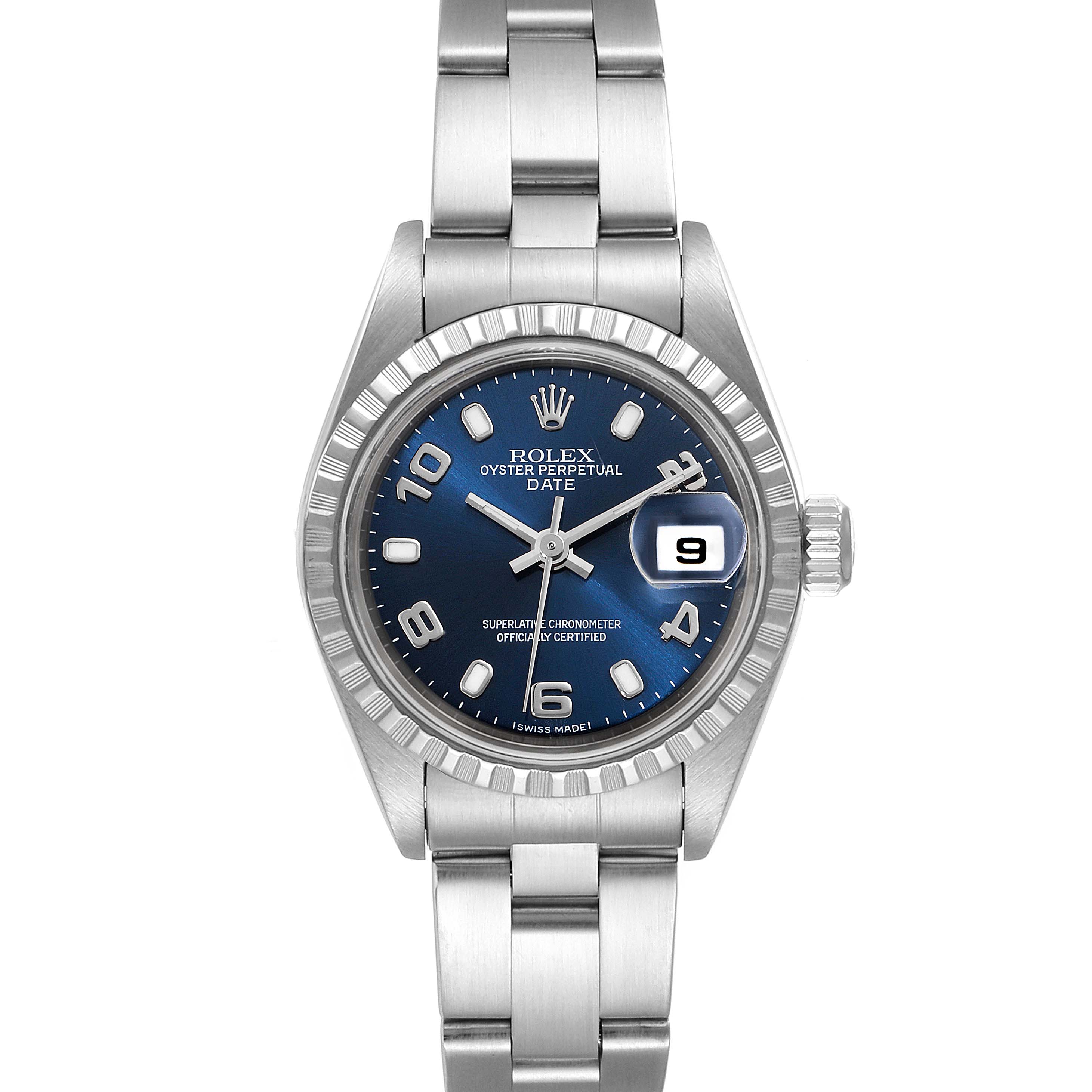 The image shows a front view of the Rolex Oyster Perpetual Date watch with a blue dial and stainless steel bracelet.