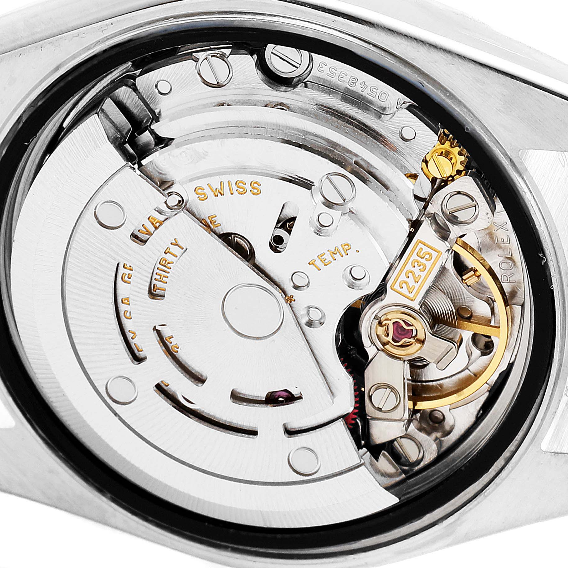 This close-up image shows the intricate internal mechanical parts of the Rolex Date 79240 Women
s Stainless Steel Blue Dial 79240 Women
s Stainless Steel Blue Dial model watch.