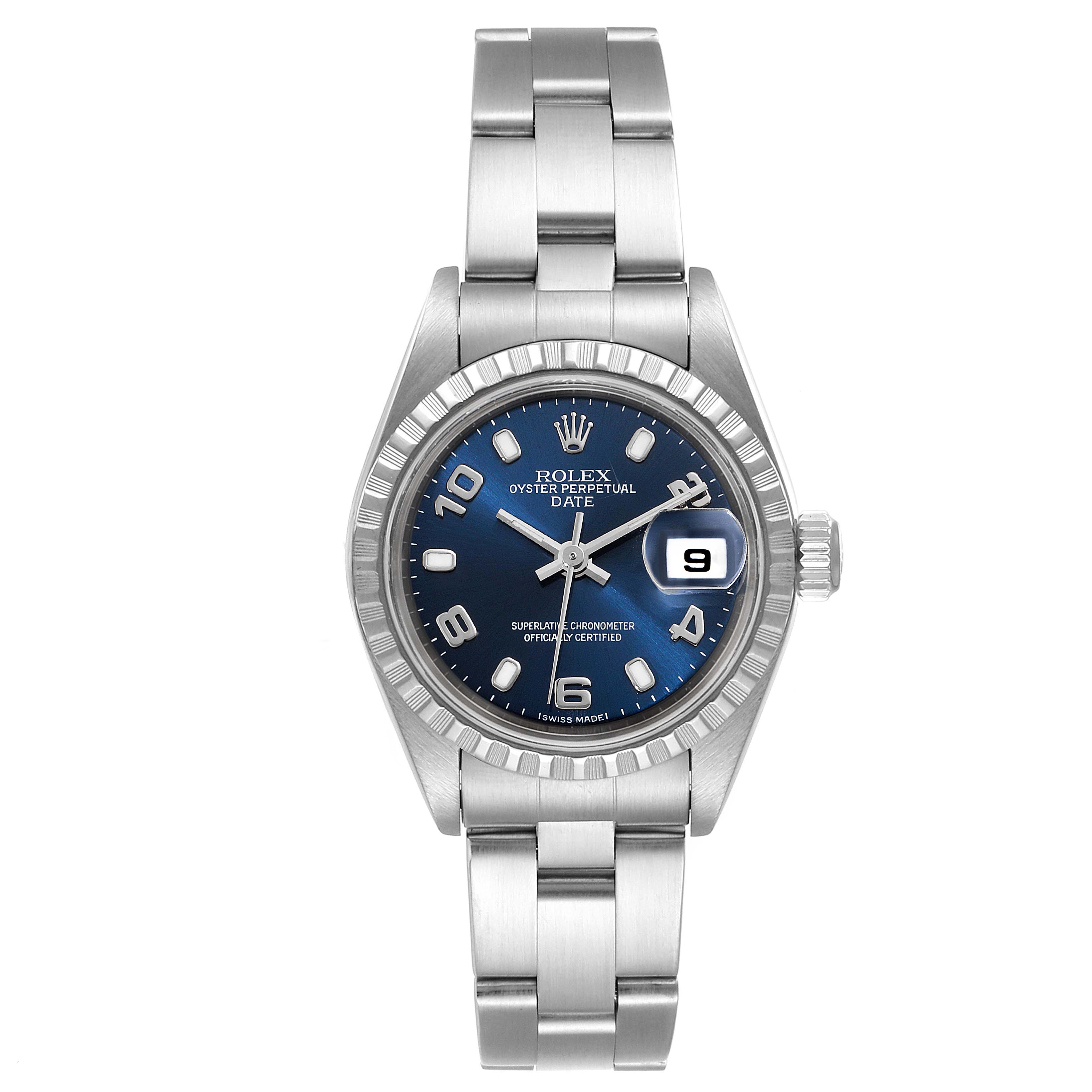 This Rolex Date 79240 Women
s Stainless Steel Blue Dial 79240 Women
s Stainless Steel Blue Dial model watch is shown from the front, displaying the dial, bezel, crown, and bracelet.