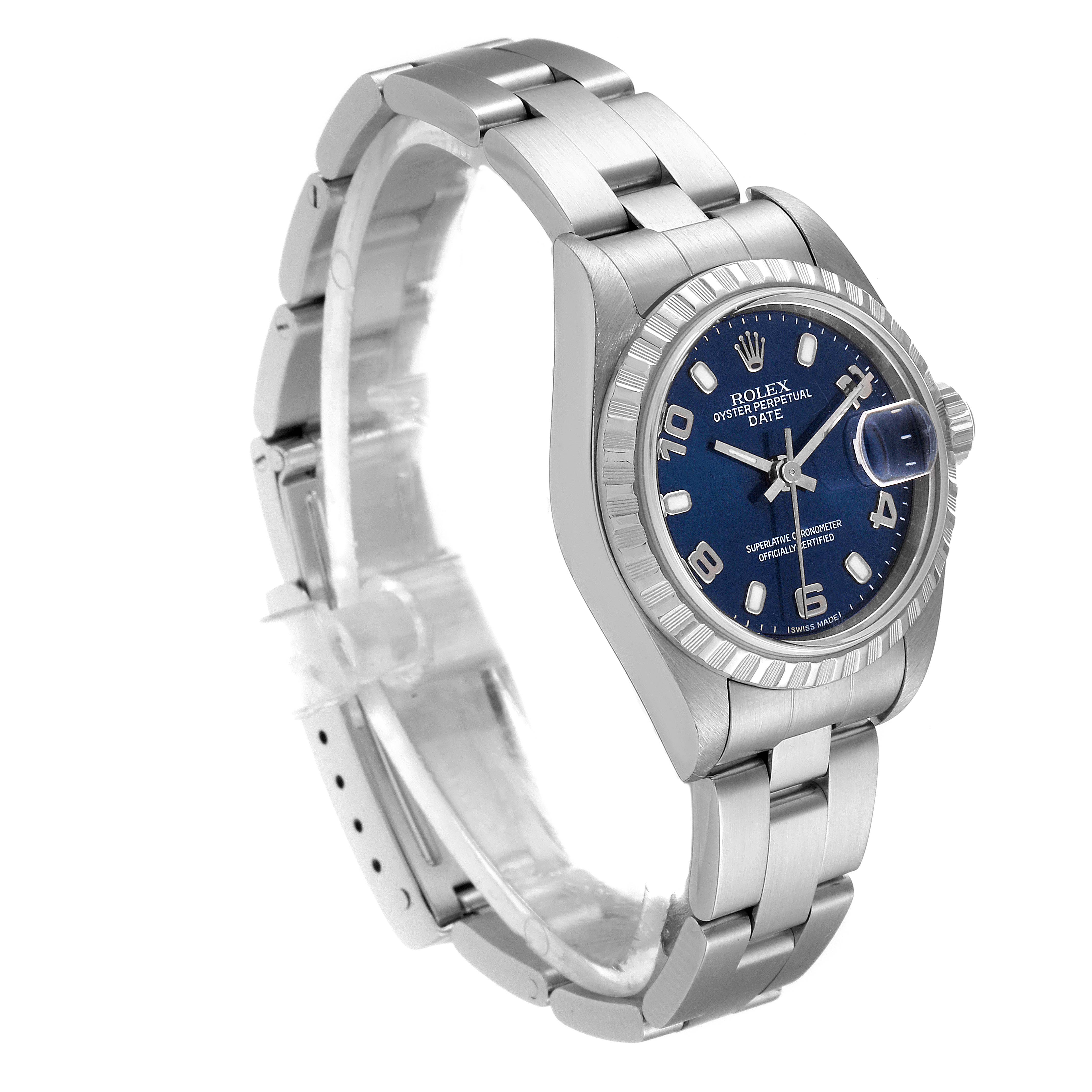 This image shows a Rolex Date 79240 Women
s Stainless Steel Blue Dial 79240 Women
s Stainless Steel Blue Dial model watch at a three-quarter angle, highlighting the dial, bezel, and partial bracelet.