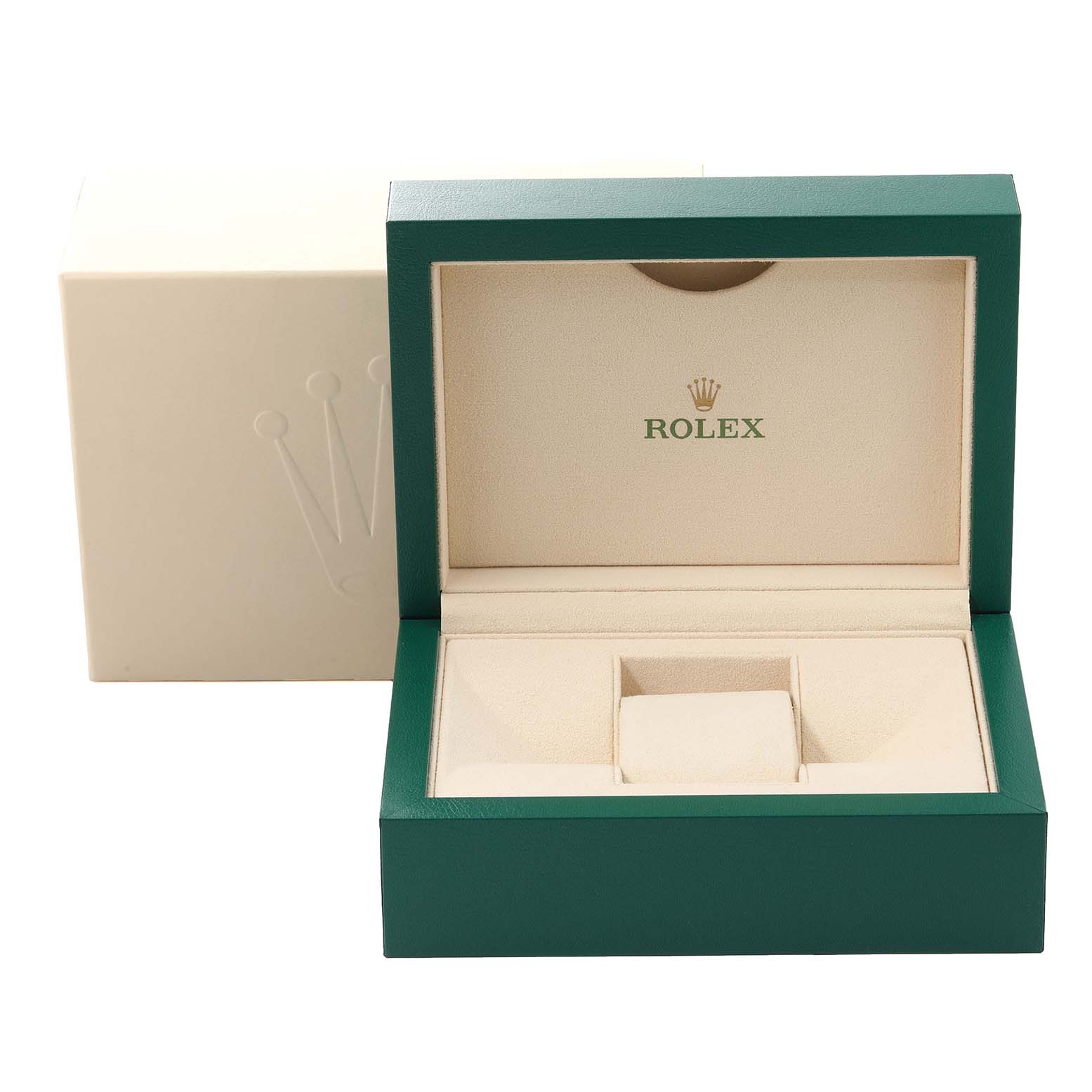 The image shows an open Rolex Datejust 179173 Women's Steel and Gold (two tone) Silver Dial 179173 Women's Steel and Gold (two tone) Silver Dial watch box with a green exterior and cream interior, featuring the Rolex logo inside.
