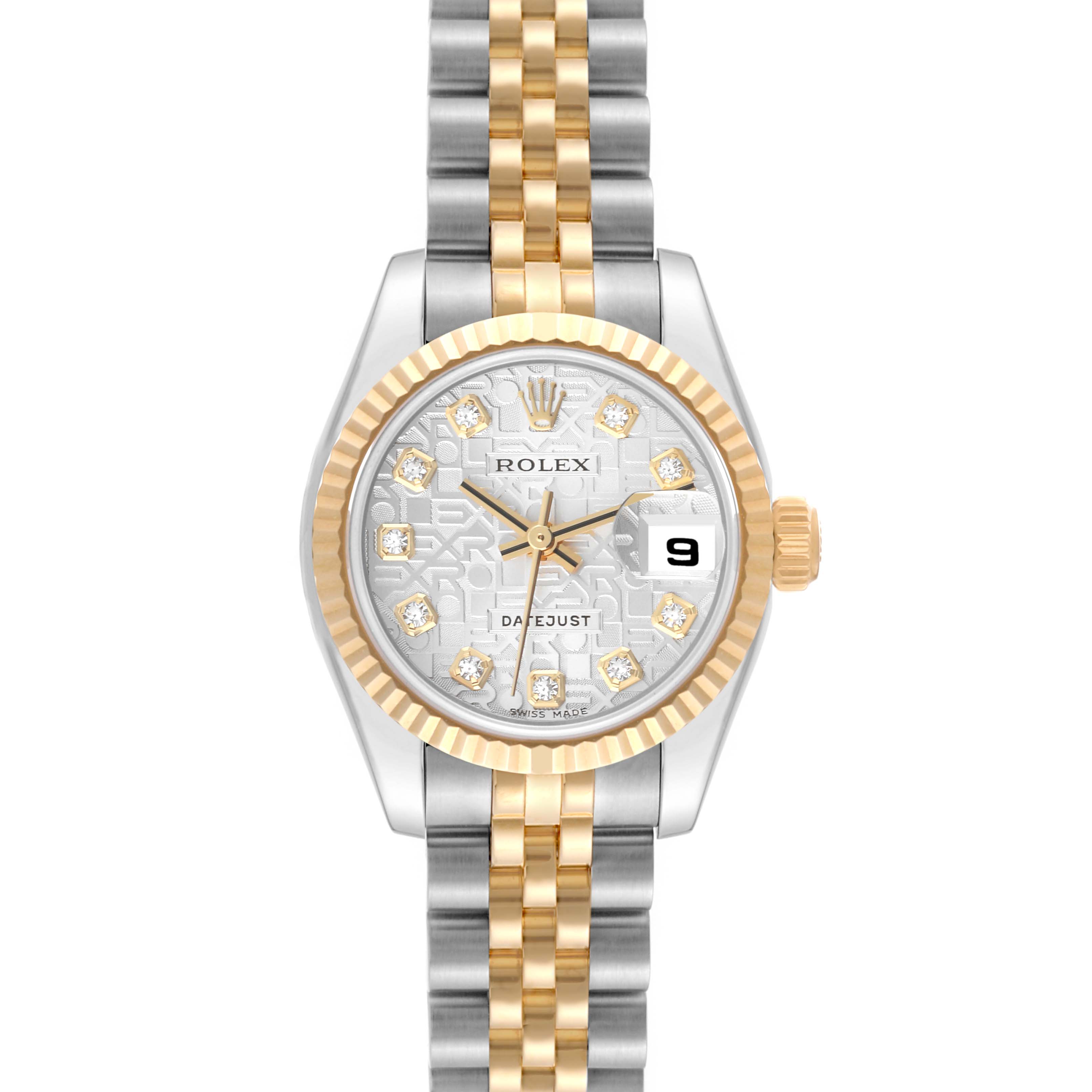 This image shows a front view of the Rolex Datejust 179173 Women's Steel and Gold (two tone) Silver Dial 179173 Women's Steel and Gold (two tone) Silver Dial watch, highlighting its gold and silver bracelet, fluted bezel, and diamond markers.