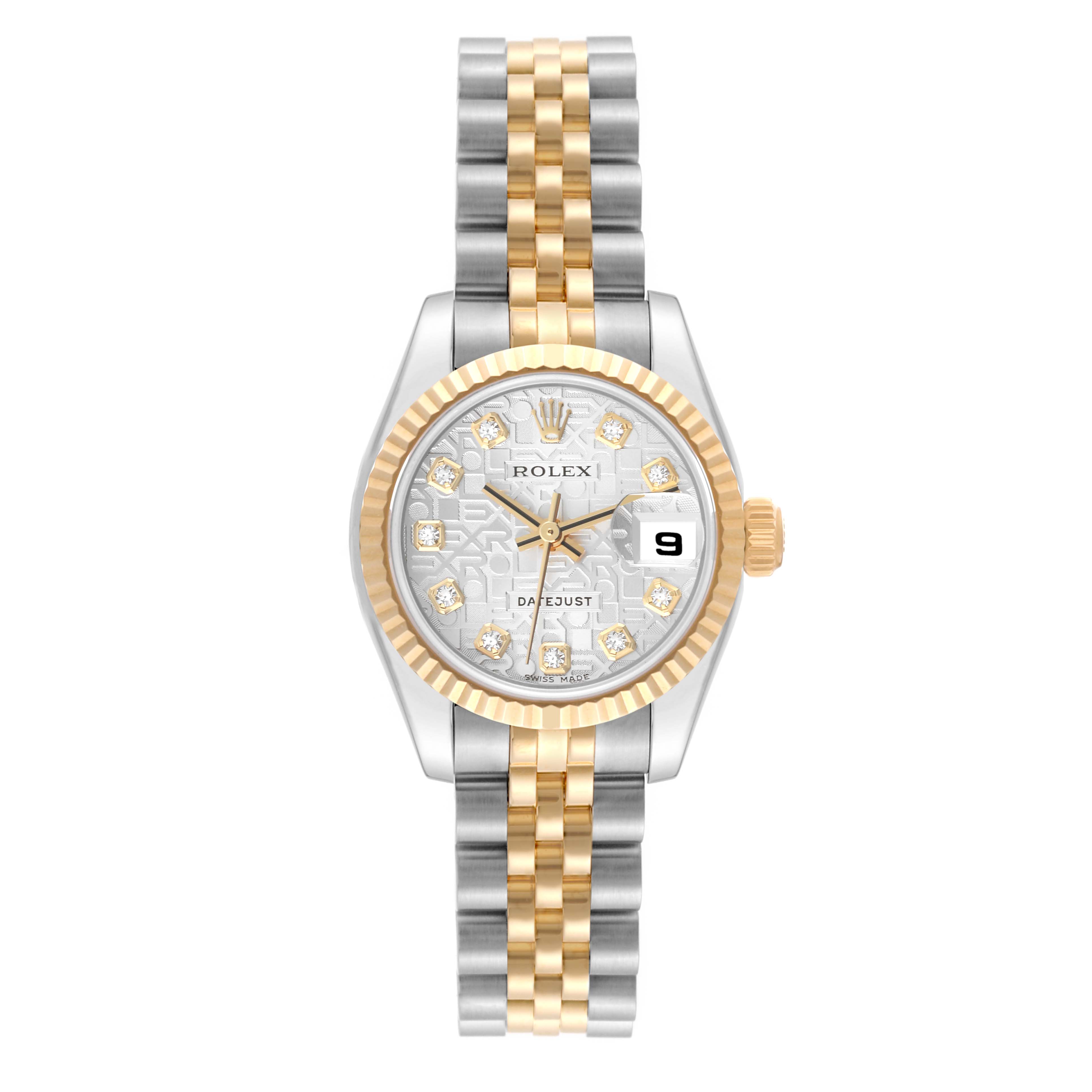The image shows a front view of a Rolex Datejust 179173 Women's Steel and Gold (two tone) Silver Dial 179173 Women's Steel and Gold (two tone) Silver Dial watch, highlighting the dial, bezel, and two-tone bracelet.