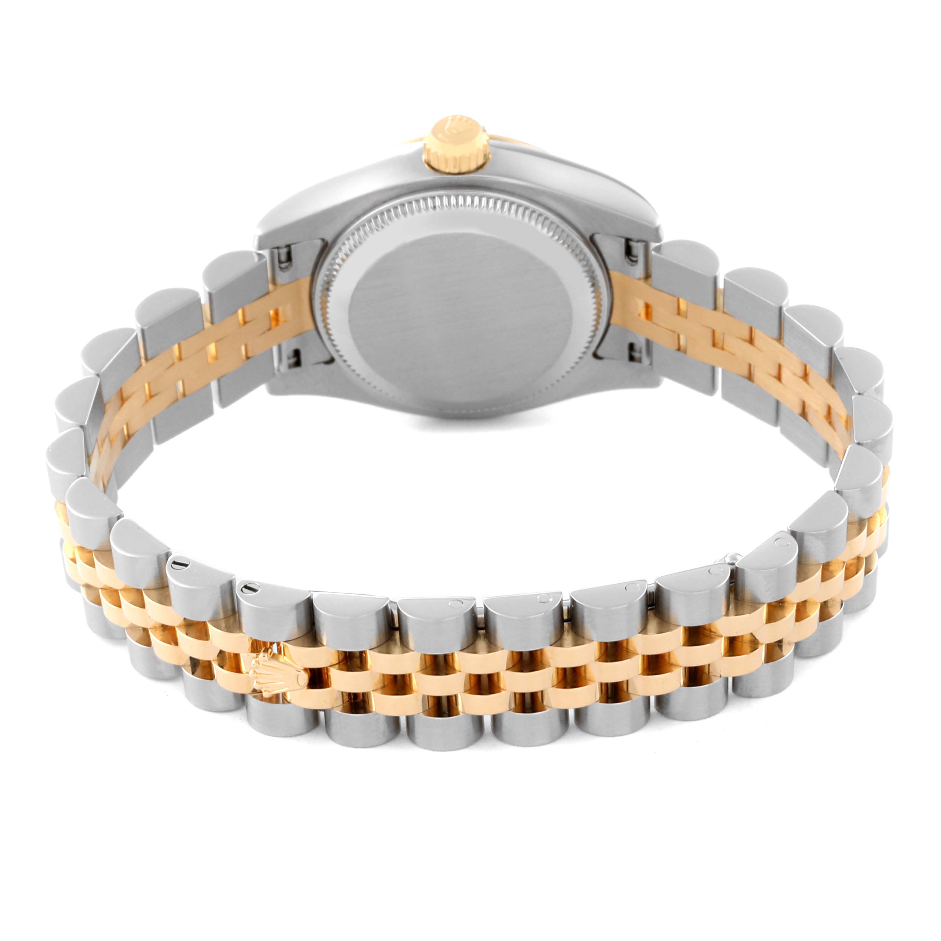 This image shows the back of a Rolex Datejust 179173 Women's Steel and Gold (two tone) Silver Dial 179173 Women's Steel and Gold (two tone) Silver Dial watch, highlighting the gold crown, case back, and two-tone bracelet.
