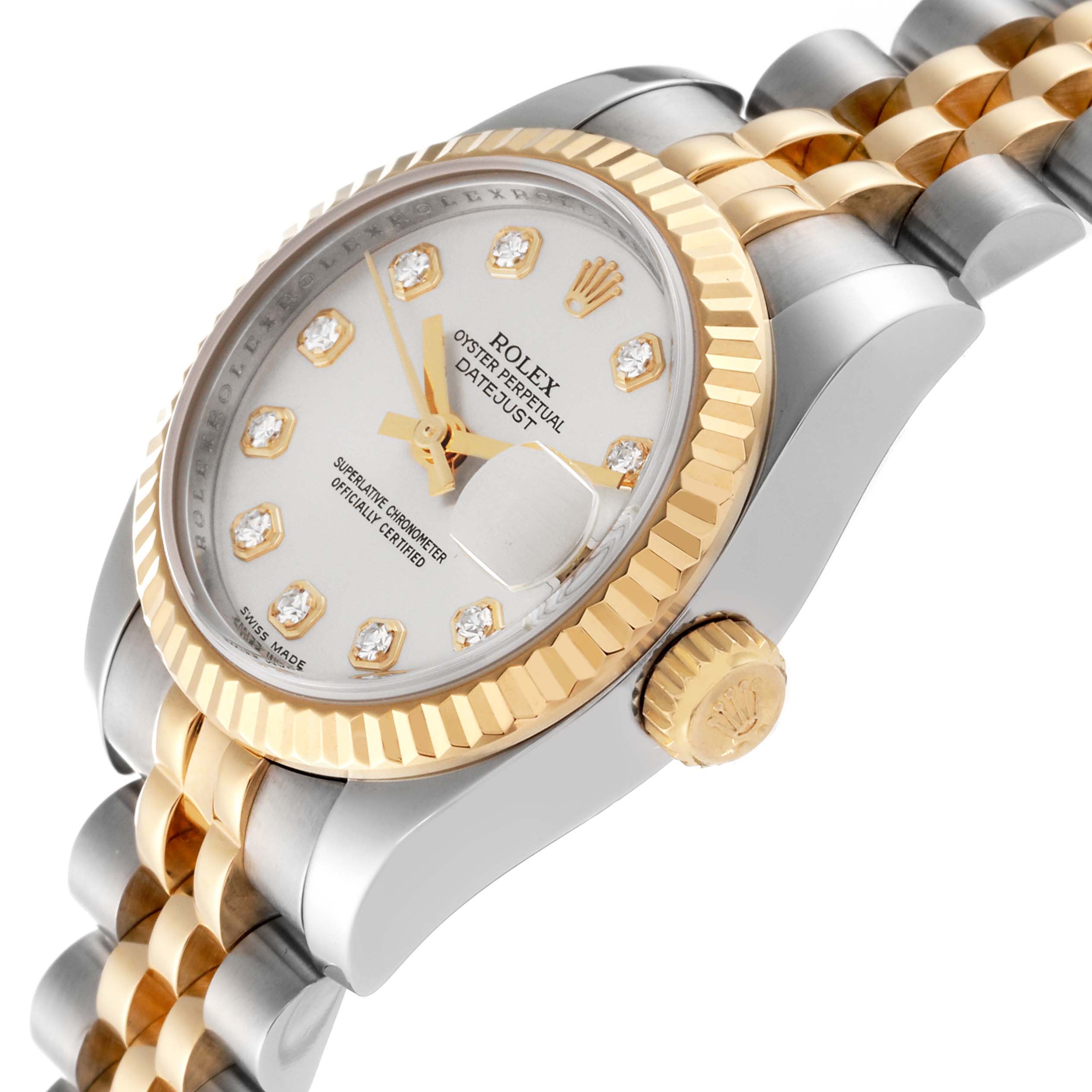 The image shows a side-angle view of a Rolex Datejust 179173 Men's Steel and Gold (two tone) Silver Dial 179173 Men's Steel and Gold (two tone) Silver Dial watch, displaying its face, bezel, crown, and the start of its bracelet.