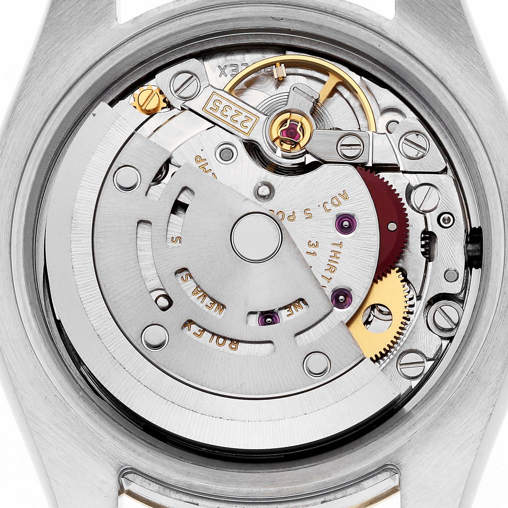 This image shows the internal mechanism of a Rolex Datejust 179173 Men's Steel and Gold (two tone) Silver Dial 179173 Men's Steel and Gold (two tone) Silver Dial watch from a close-up, back angle.