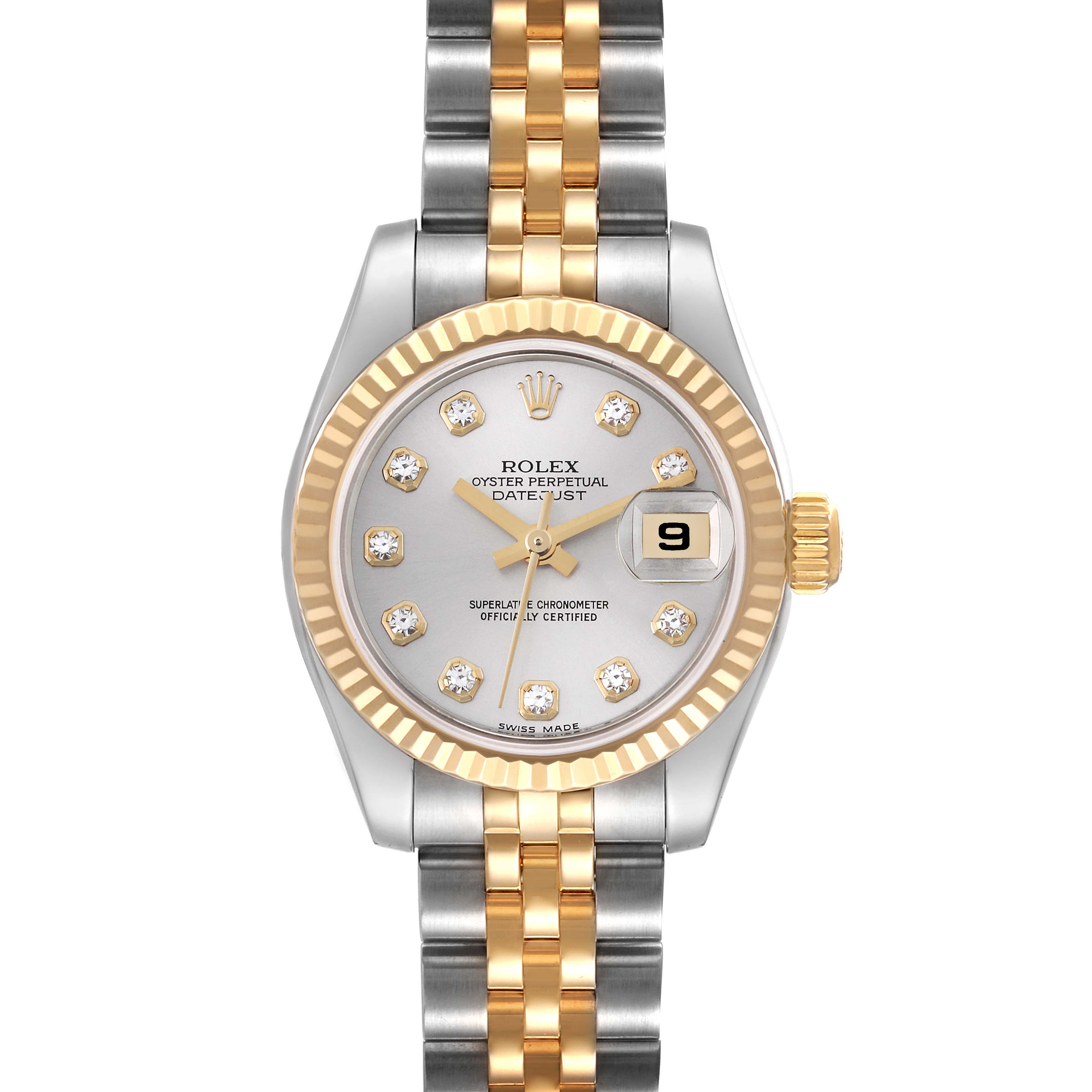 This image shows a front view of a Rolex Datejust 179173 Men's Steel and Gold (two tone) Silver Dial 179173 Men's Steel and Gold (two tone) Silver Dial watch, featuring a silver and gold design with a date window at 3 o’clock.