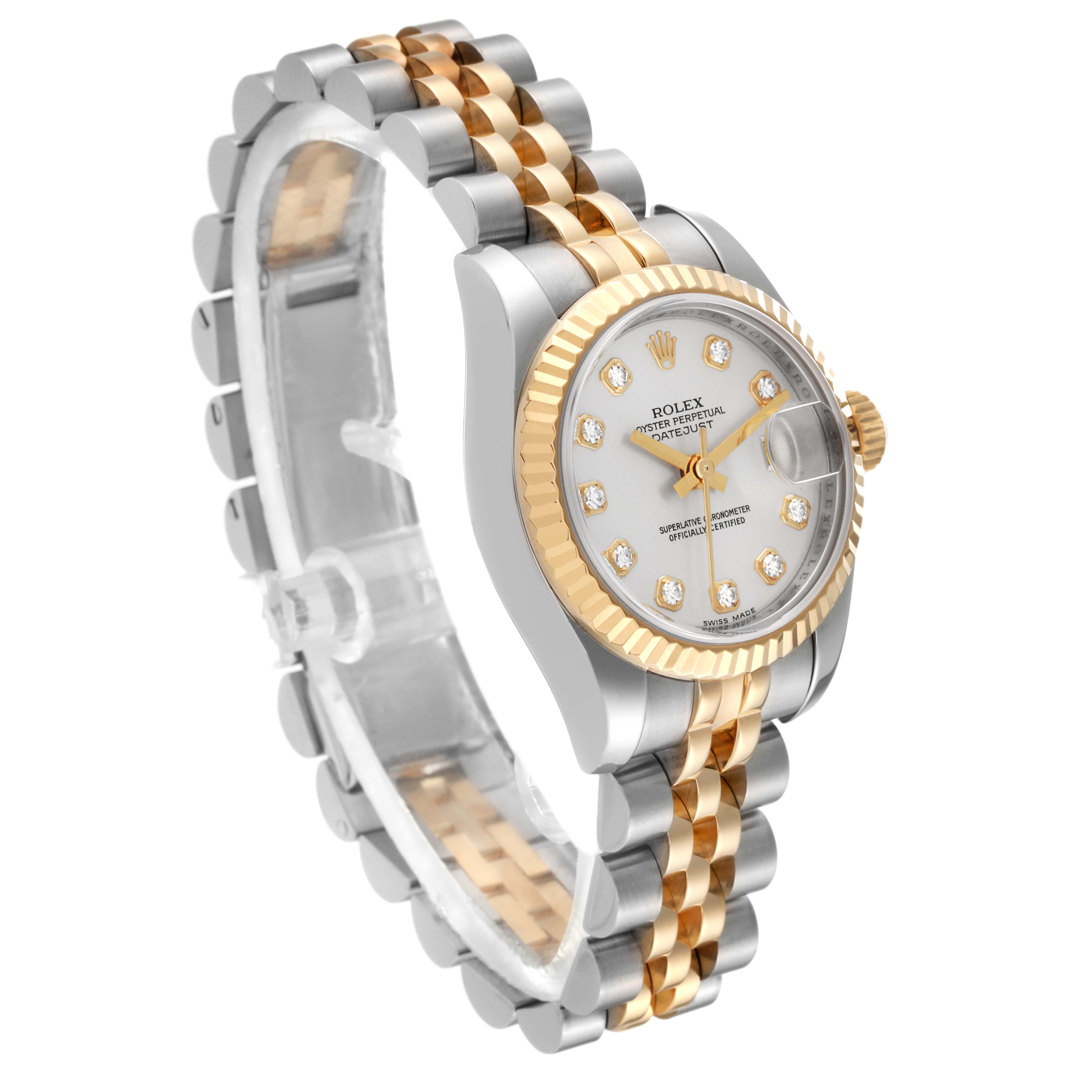 This Rolex Datejust 179173 Men's Steel and Gold (two tone) Silver Dial 179173 Men's Steel and Gold (two tone) Silver Dial watch is shown at a three-quarter angle, highlighting its gold and silver bracelet and diamond-studded dial.