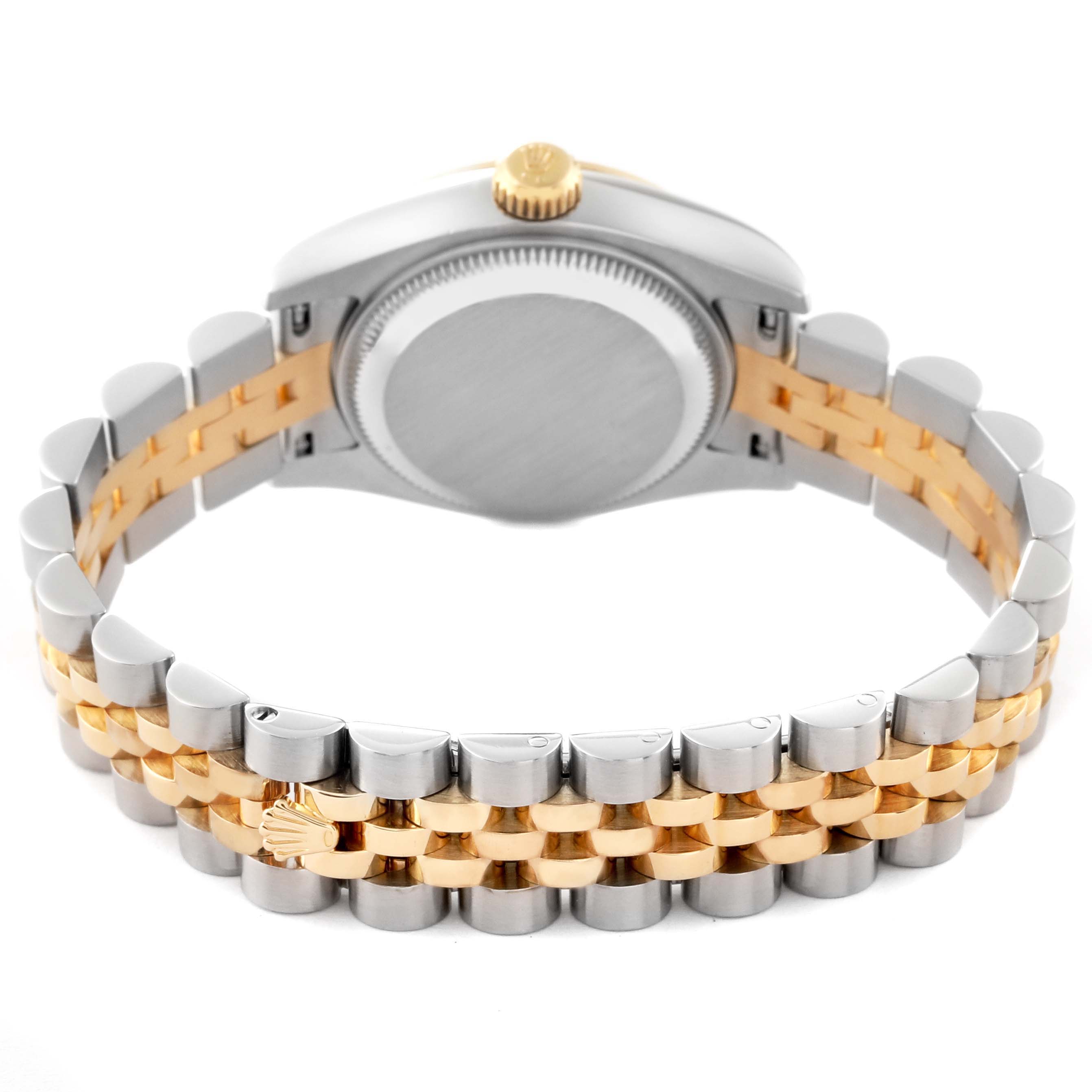 This image shows the back and bracelet of a Rolex Datejust 179173 Men's Steel and Gold (two tone) Silver Dial 179173 Men's Steel and Gold (two tone) Silver Dial watch, showcasing its two-tone metal design.
