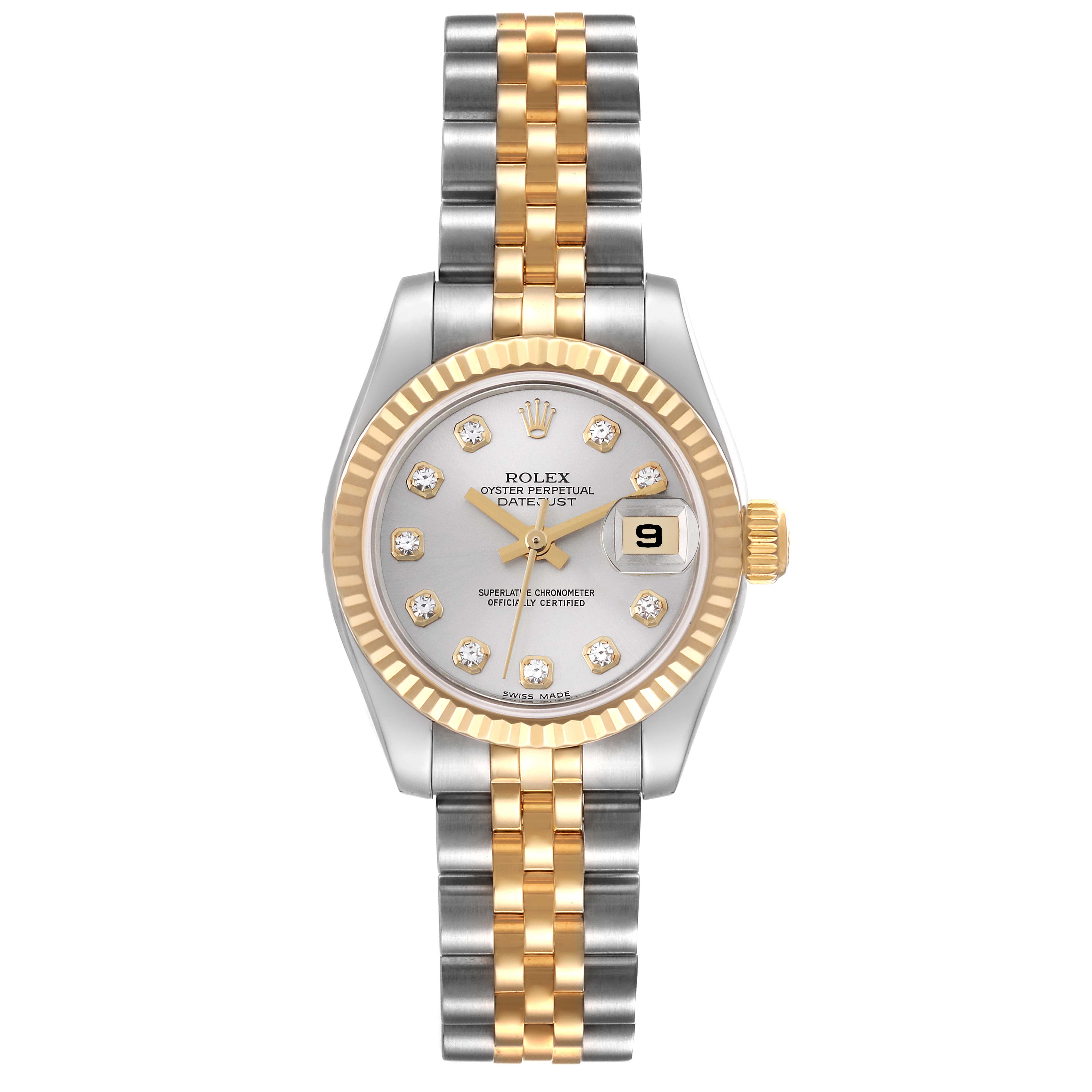 The image shows a frontal view of a Rolex Datejust 179173 Men's Steel and Gold (two tone) Silver Dial 179173 Men's Steel and Gold (two tone) Silver Dial watch, displaying its face, bezel, and two-tone bracelet.