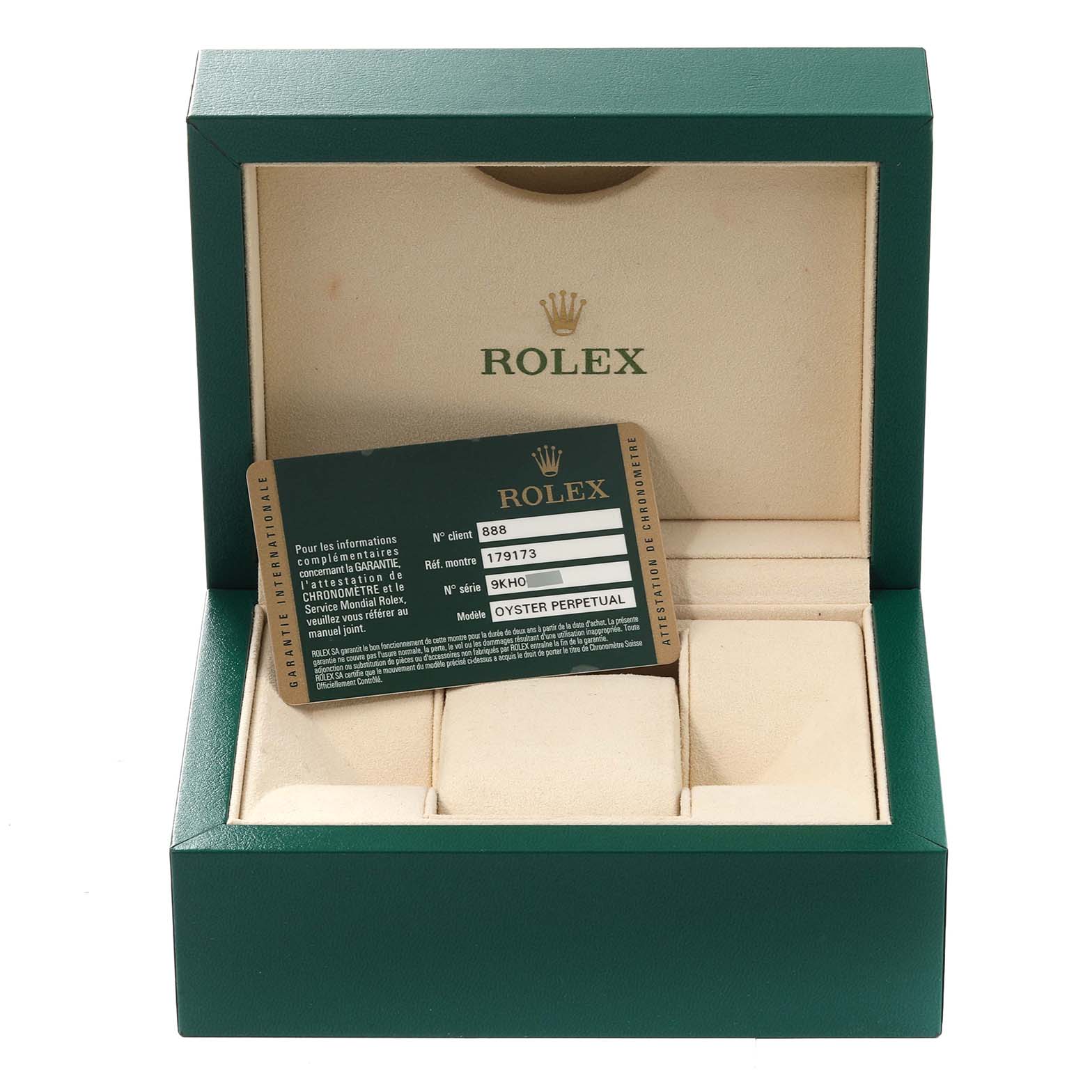 The image shows an open green Rolex watch box with a certification card for the Rolex Datejust 179173 Men's Steel and Gold (two tone) Silver Dial 179173 Men's Steel and Gold (two tone) Silver Dial model.