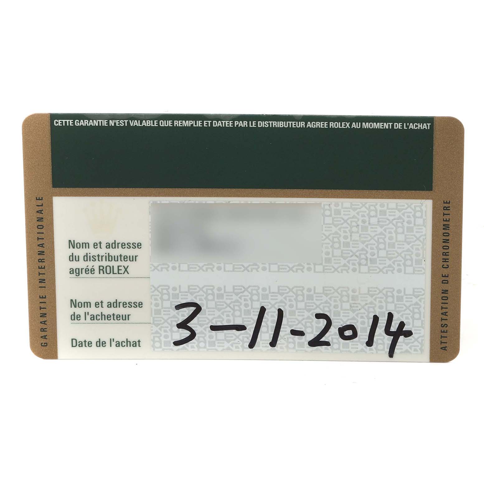 This image shows the warranty card for a Rolex Datejust 179173 Men's Steel and Gold (two tone) Silver Dial 179173 Men's Steel and Gold (two tone) Silver Dial with a purchase date of 3-11-2014.