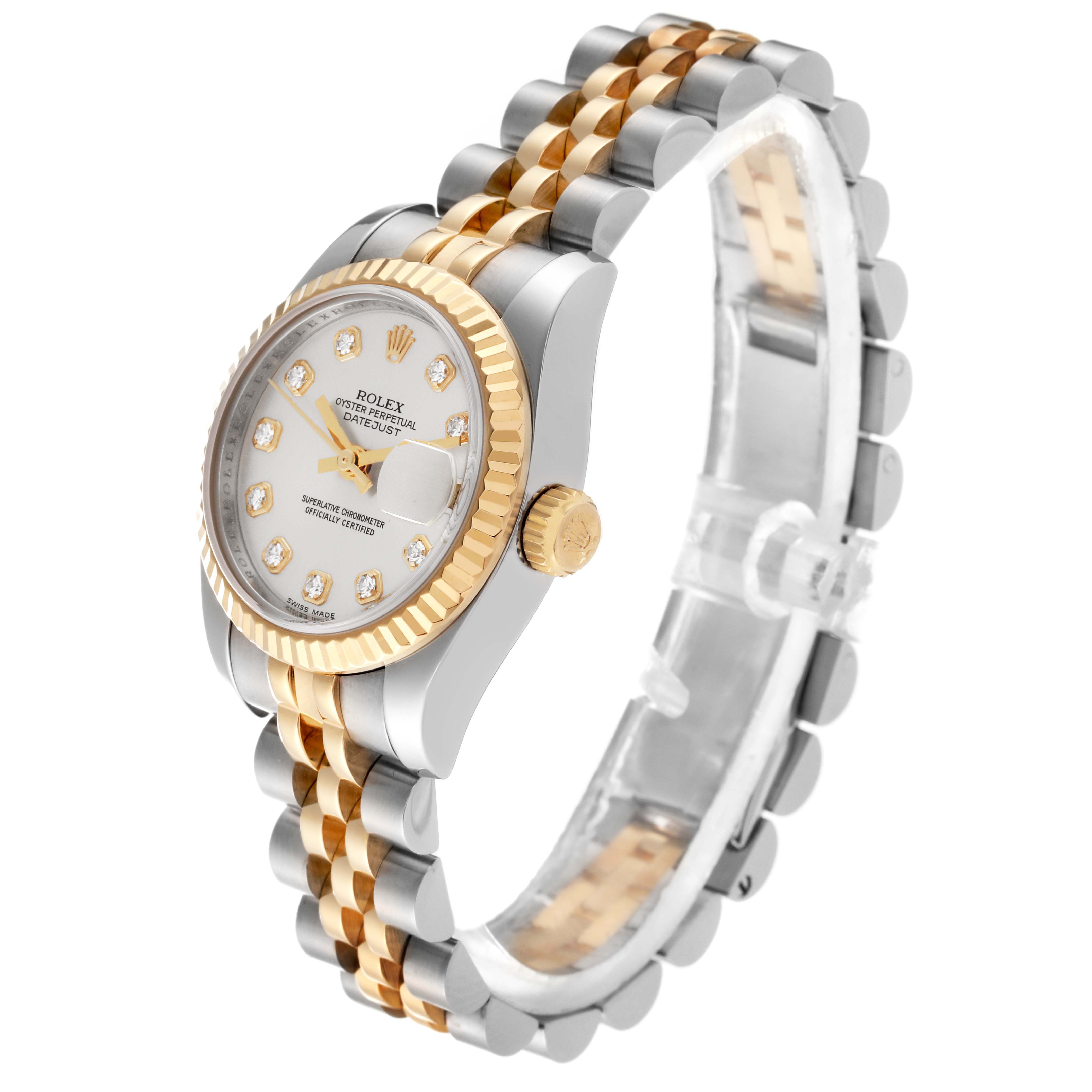 The image shows a Rolex Datejust 179173 Men's Steel and Gold (two tone) Silver Dial 179173 Men's Steel and Gold (two tone) Silver Dial watch at a side angle, highlighting the two-tone bracelet, crown, and the diamond-set dial.