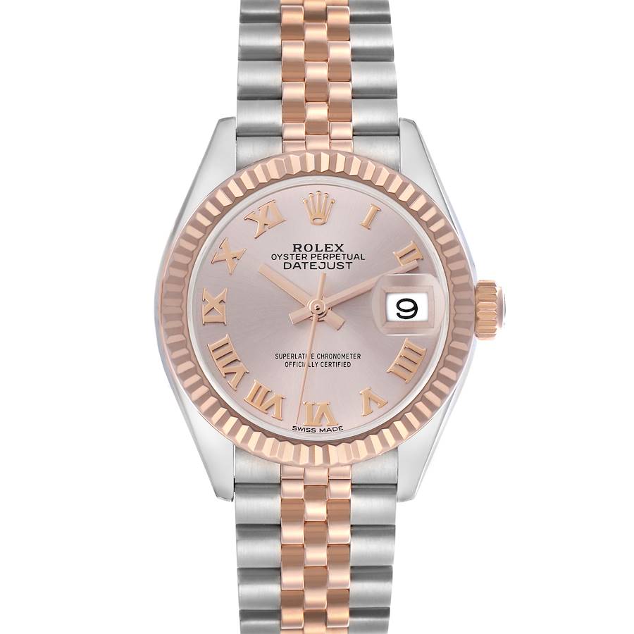 The Rolex Datejust watch is shown from a front angle, displaying its two-tone bracelet, Roman numeral dial, date window, and fluted bezel.