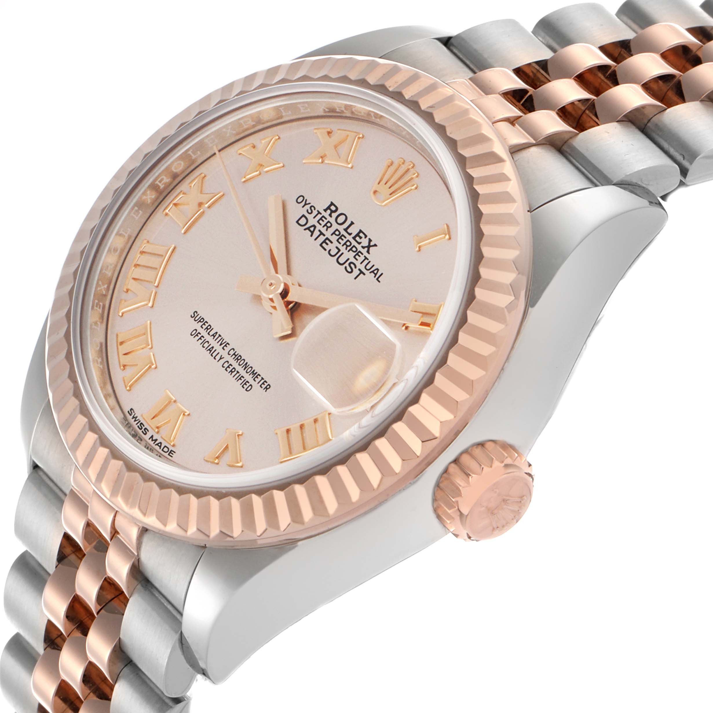 The Rolex Datejust 279171 Women's Steel and Gold (two tone) Pink Dial 279171 Women's Steel and Gold (two tone) Pink Dial watch is shown at a slight angle, highlighting the dial, fluted bezel, jubilee bracelet, and crown.