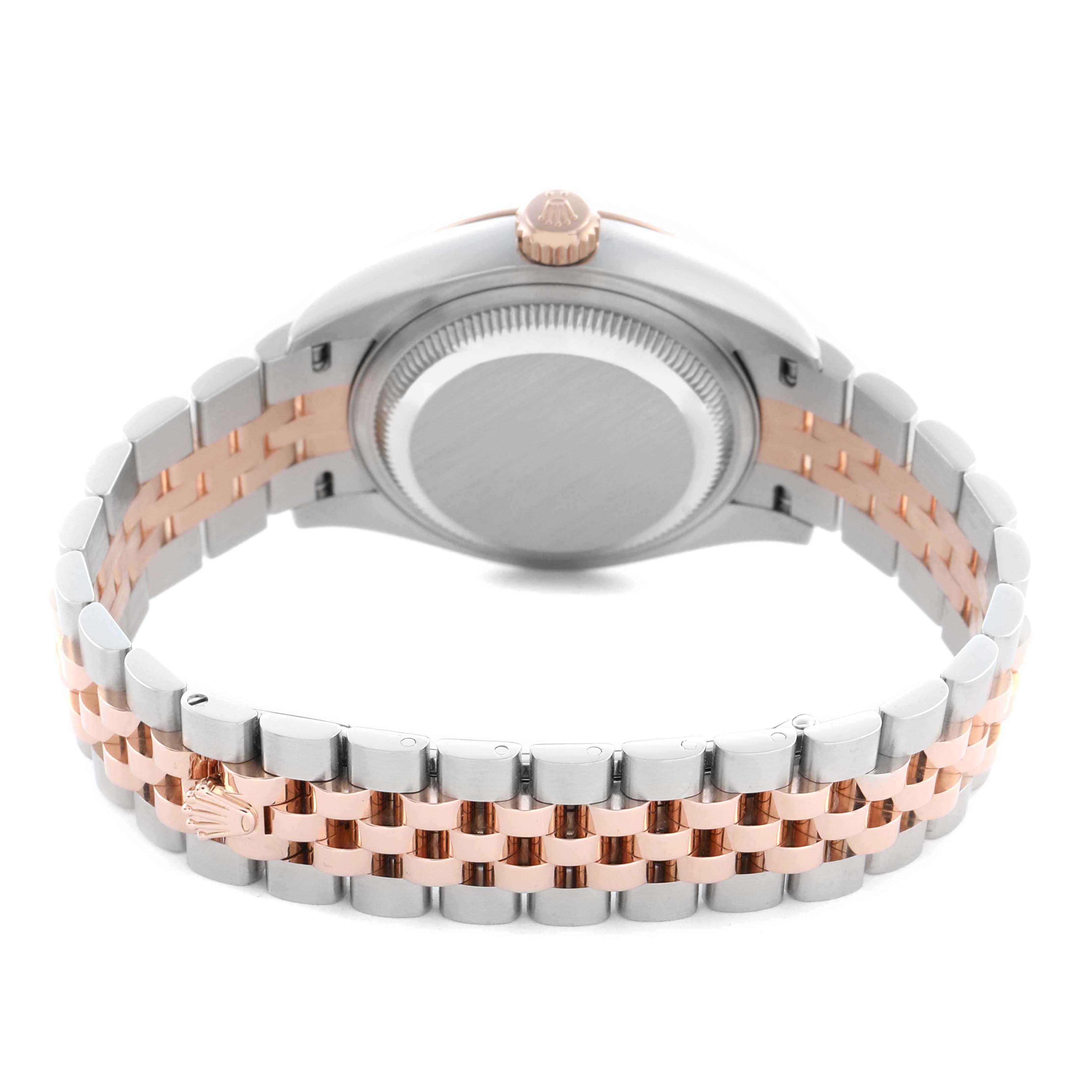 The Rolex Datejust 279171 Women's Steel and Gold (two tone) Pink Dial 279171 Women's Steel and Gold (two tone) Pink Dial watch is shown from the back, highlighting the case back and two-tone bracelet with clasp.