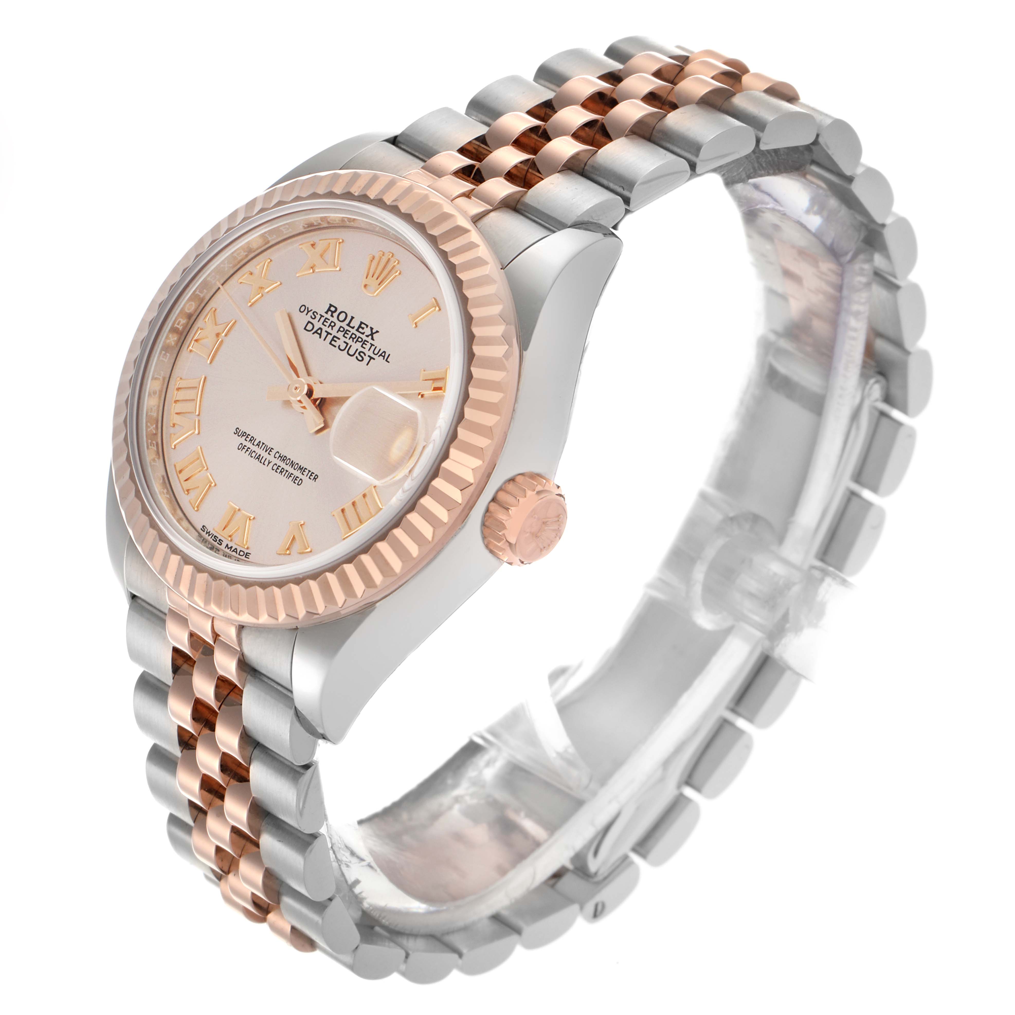 The Rolex Datejust 279171 Women's Steel and Gold (two tone) Pink Dial 279171 Women's Steel and Gold (two tone) Pink Dial watch is shown at a three-quarter angle, highlighting the dial, bezel, crown, and Jubilee bracelet.