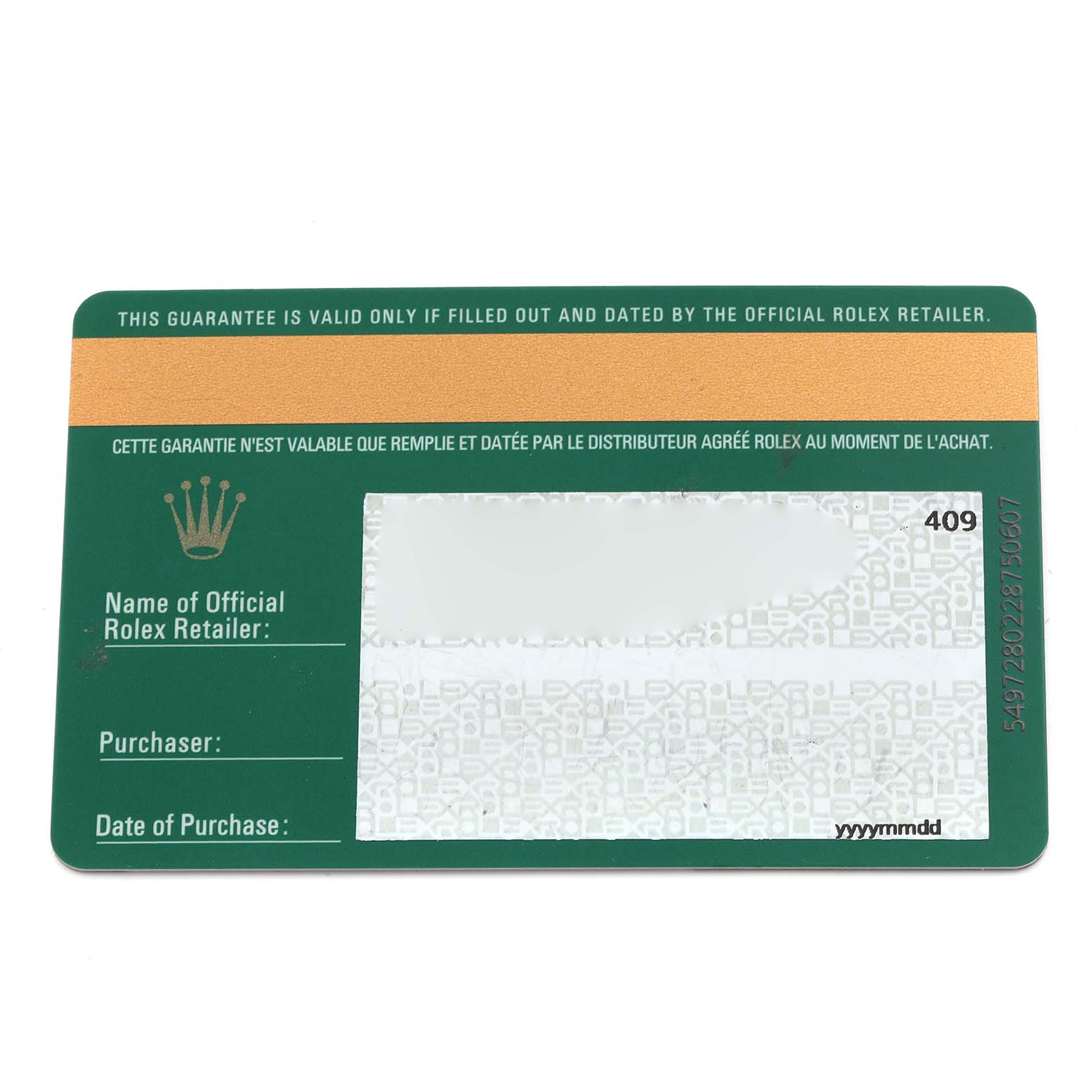 The image shows a warranty card for the Rolex Datejust 279173 Women's Steel and Gold (two tone) Champagne Dial 279173 Women's Steel and Gold (two tone) Champagne Dial, featuring fields for retailer, purchaser, and purchase date.