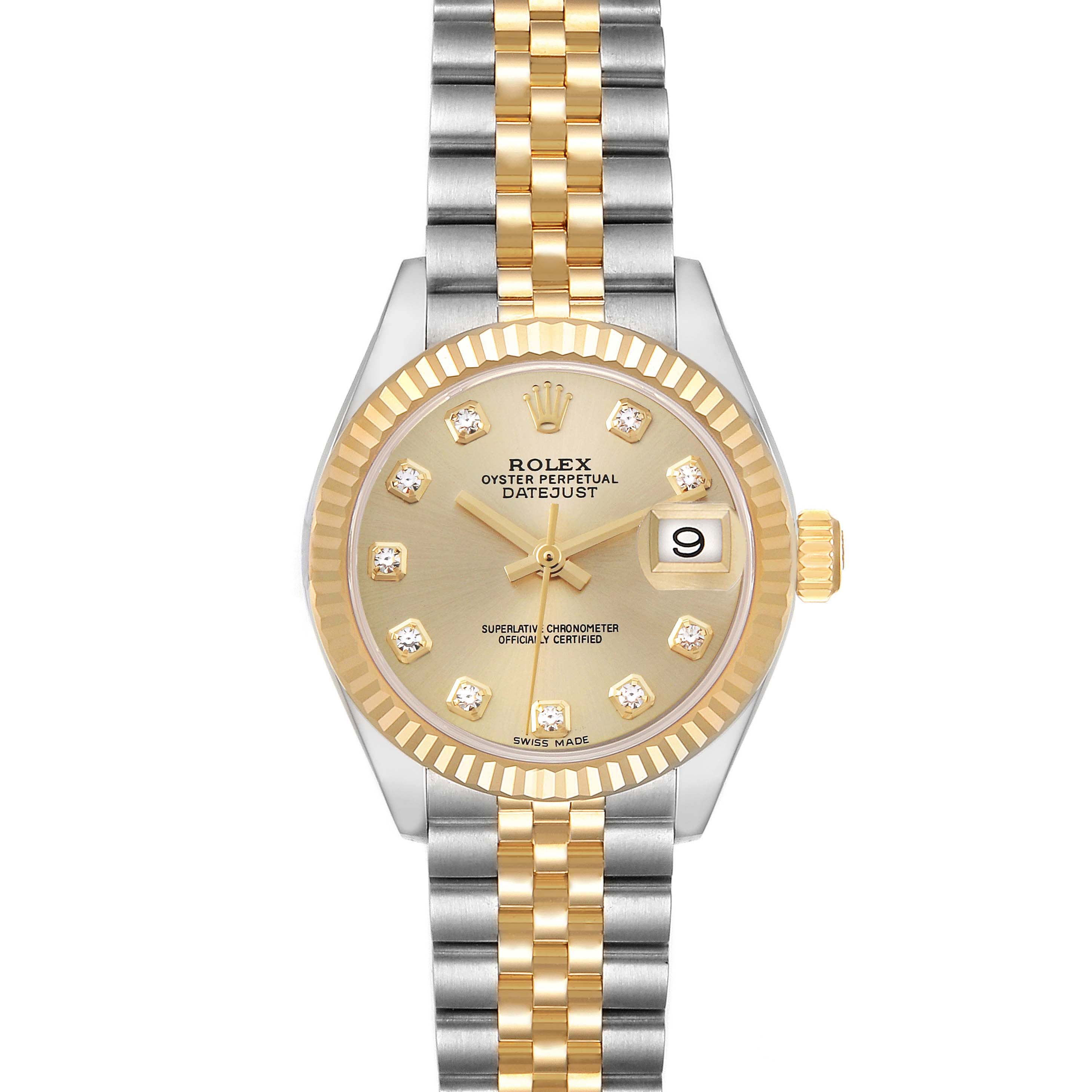 The Rolex Datejust 279173 Women's Steel and Gold (two tone) Champagne Dial 279173 Women's Steel and Gold (two tone) Champagne Dial watch is shown from a top view, displaying the dial, bezel, crown, and bracelet.