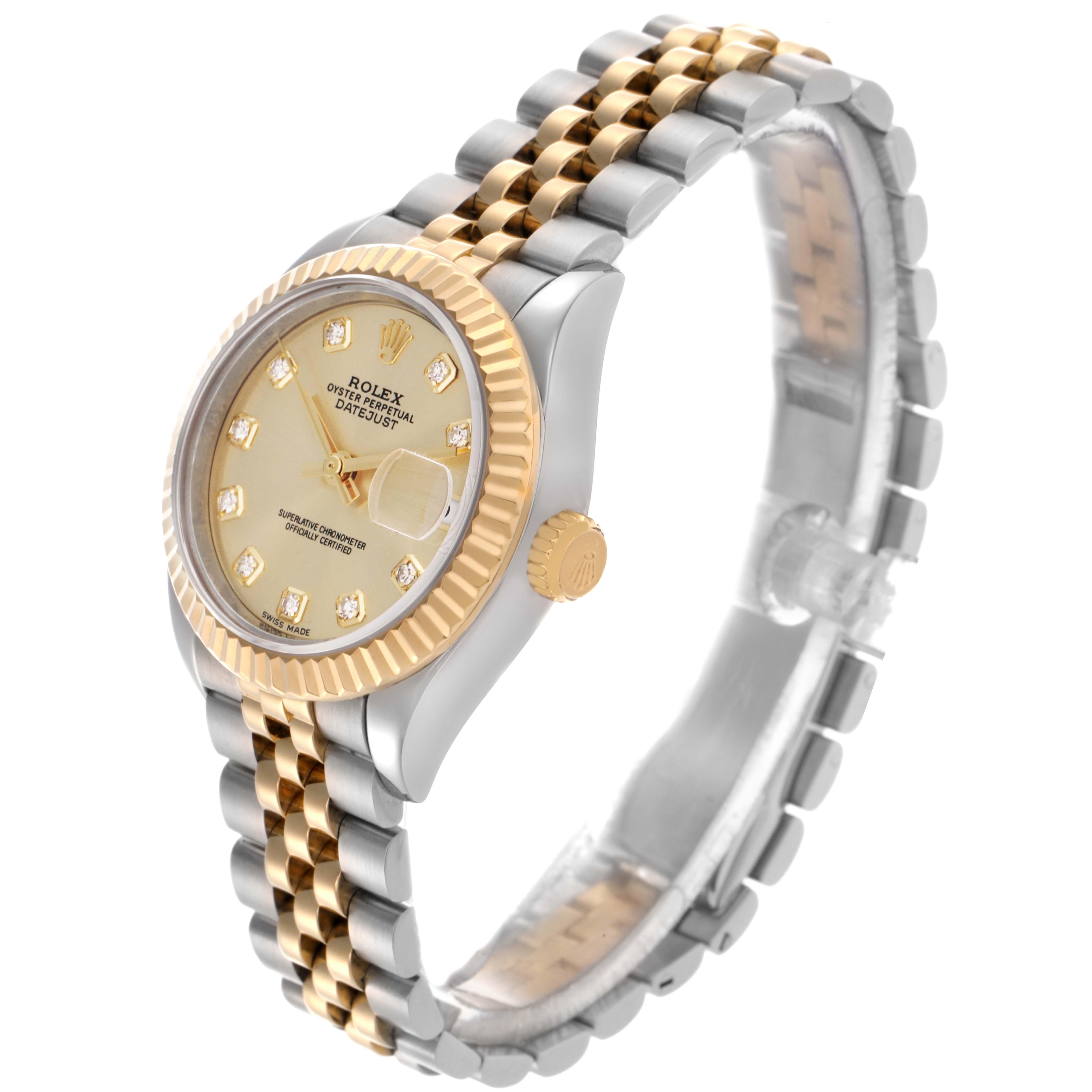 The Rolex Datejust 279173 Women's Steel and Gold (two tone) Champagne Dial 279173 Women's Steel and Gold (two tone) Champagne Dial watch is shown at a three-quarter angle, displaying its bezel, dial, crown, and Jubilee bracelet.