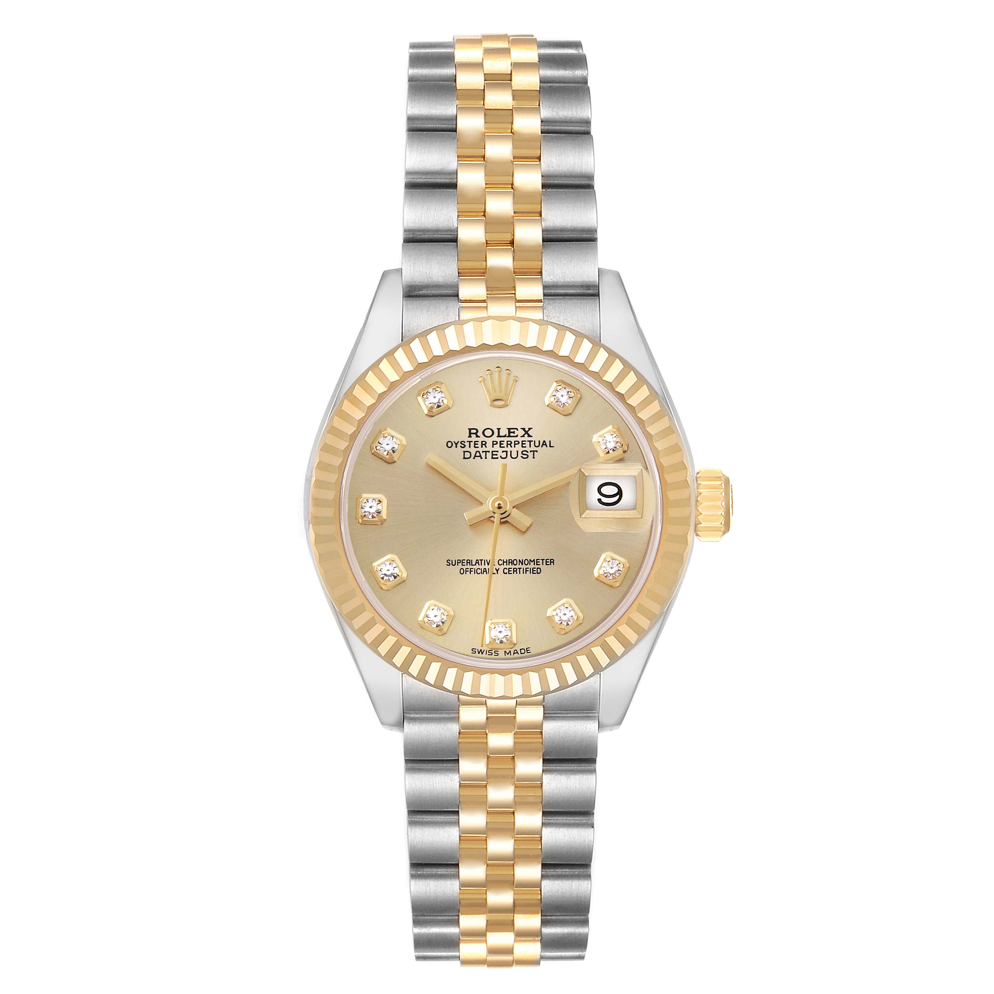 The Rolex Datejust 279173 Women's Steel and Gold (two tone) Champagne Dial 279173 Women's Steel and Gold (two tone) Champagne Dial is shown from a top-down angle, displaying the dial, bezel, and bracelet.
