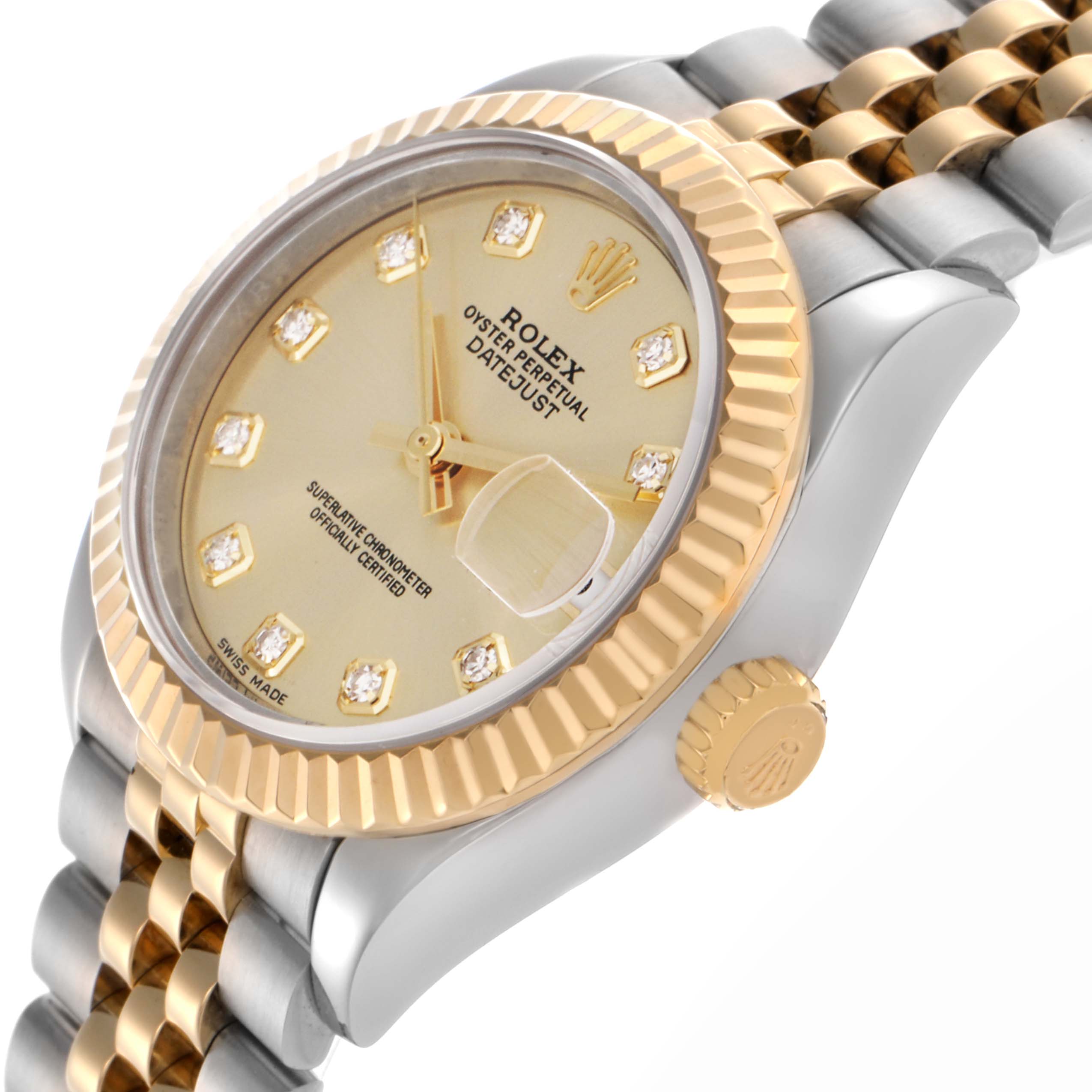 The Rolex Datejust 279173 Women's Steel and Gold (two tone) Champagne Dial 279173 Women's Steel and Gold (two tone) Champagne Dial watch is shown at a side angle, highlighting the gold bezel, crown, dial, and part of the bracelet.