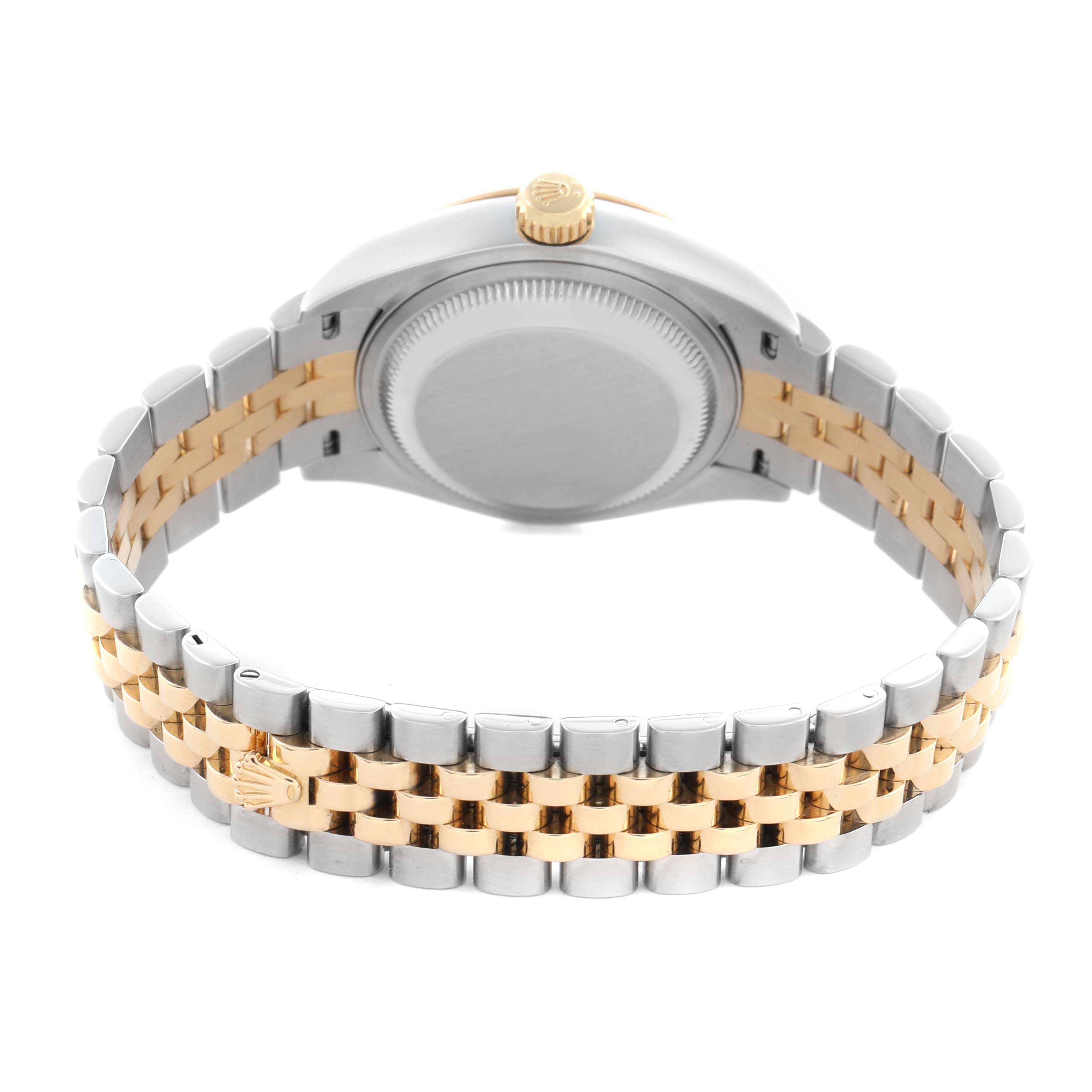 The Rolex Datejust 279173 Women's Steel and Gold (two tone) Champagne Dial 279173 Women's Steel and Gold (two tone) Champagne Dial is shown from the back, highlighting the bracelet and the closed case back.