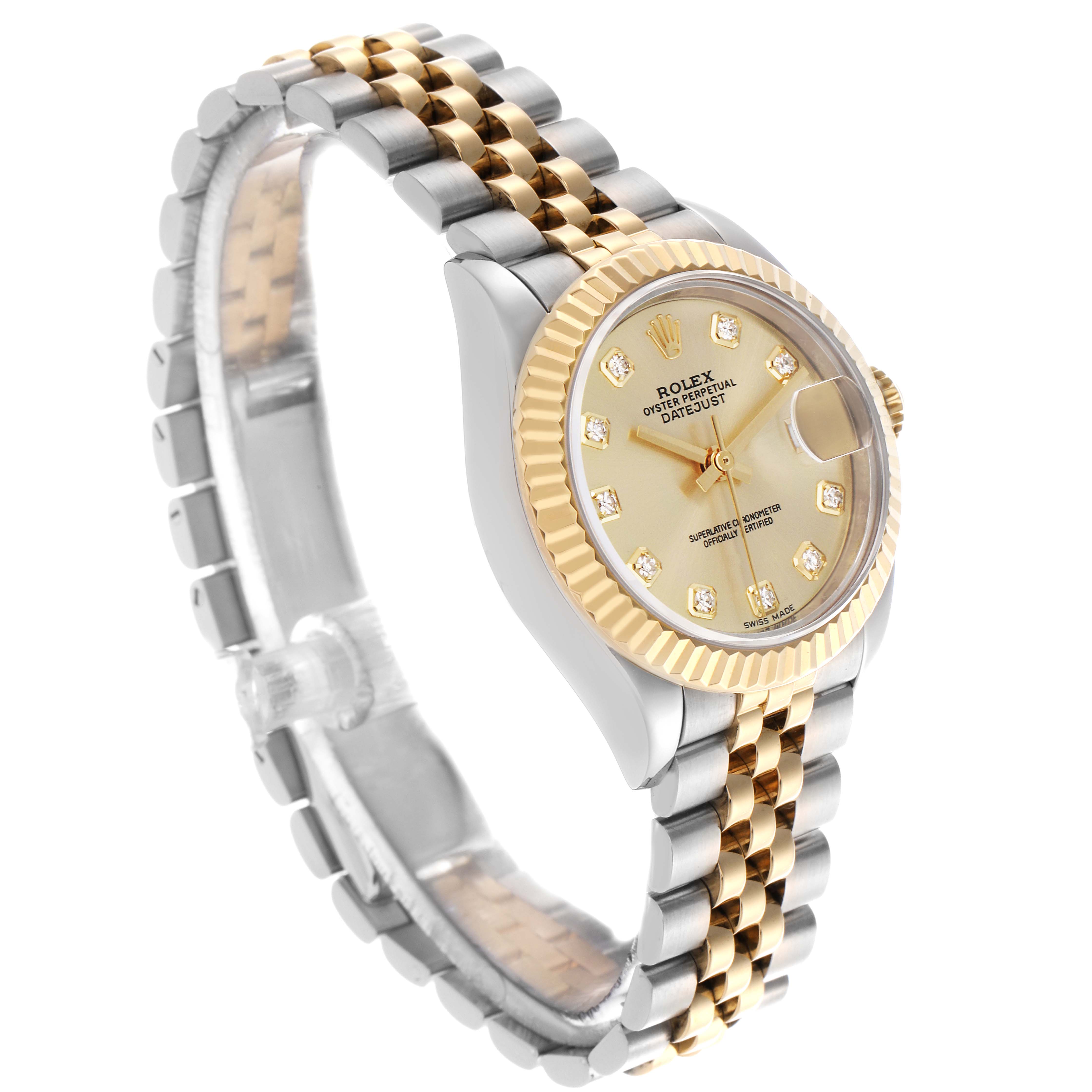 The Rolex Datejust 279173 Women's Steel and Gold (two tone) Champagne Dial 279173 Women's Steel and Gold (two tone) Champagne Dial watch is shown at an angled view, highlighting its two-tone bracelet, fluted bezel, and champagne dial.
