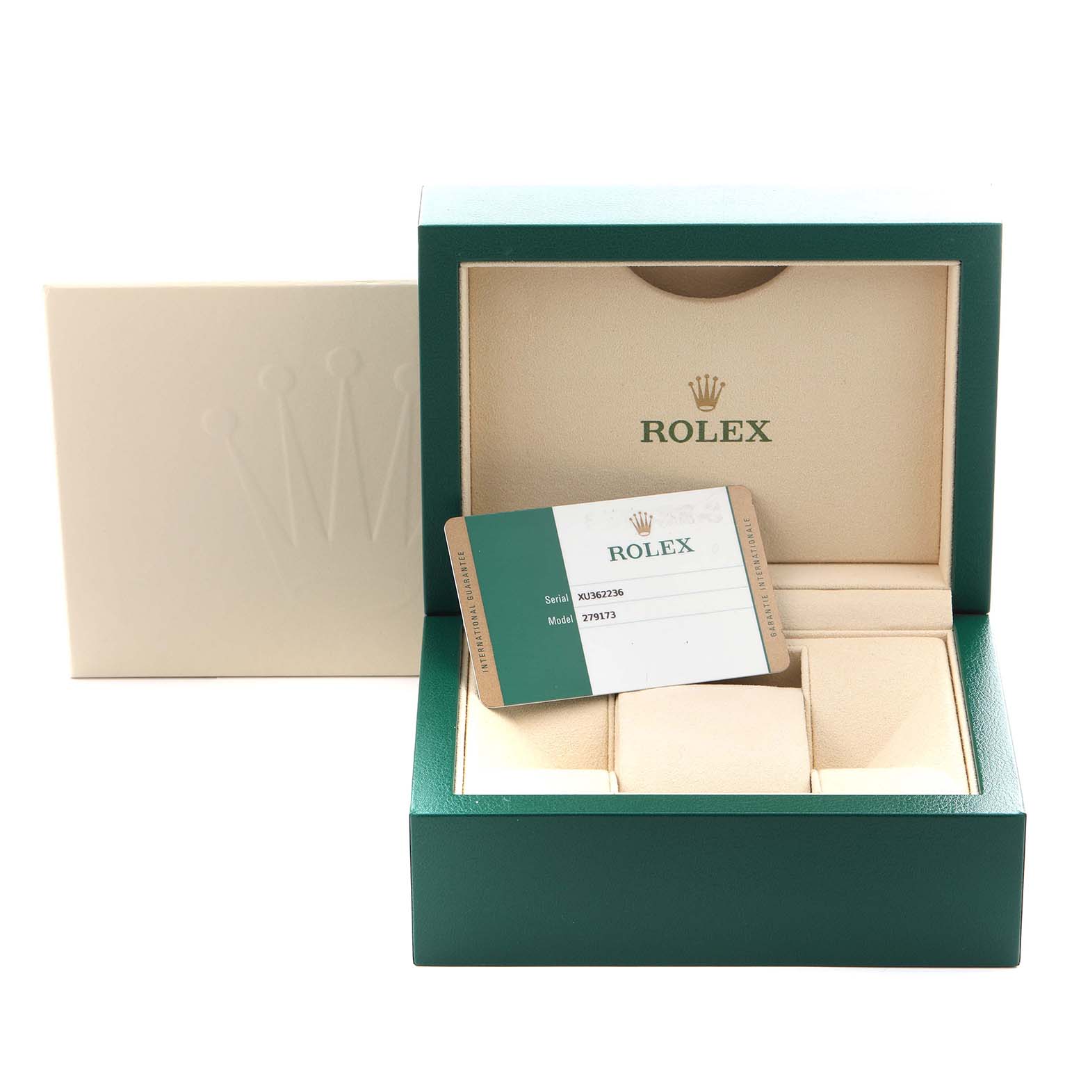 The image shows a Rolex Datejust 279173 Women's Steel and Gold (two tone) Champagne Dial 279173 Women's Steel and Gold (two tone) Champagne Dial box and authenticity card, with the lid open and card slightly angled.