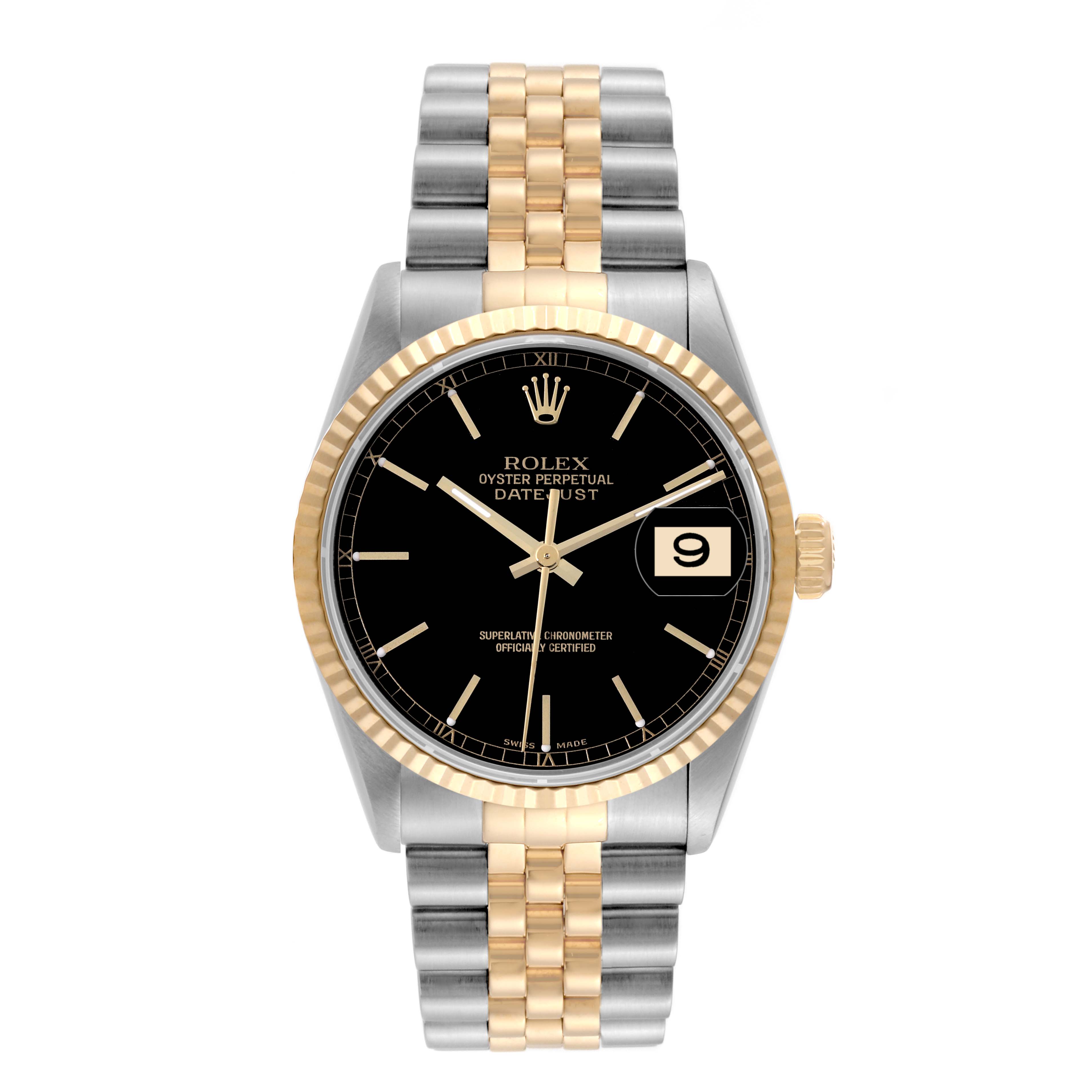 This image shows a front view of the Rolex Datejust 16233 Men's Stainless Steel Black Dial 16233 Men's Stainless Steel Black Dial watch, showcasing its face, bezel, crown, and two-tone bracelet.
