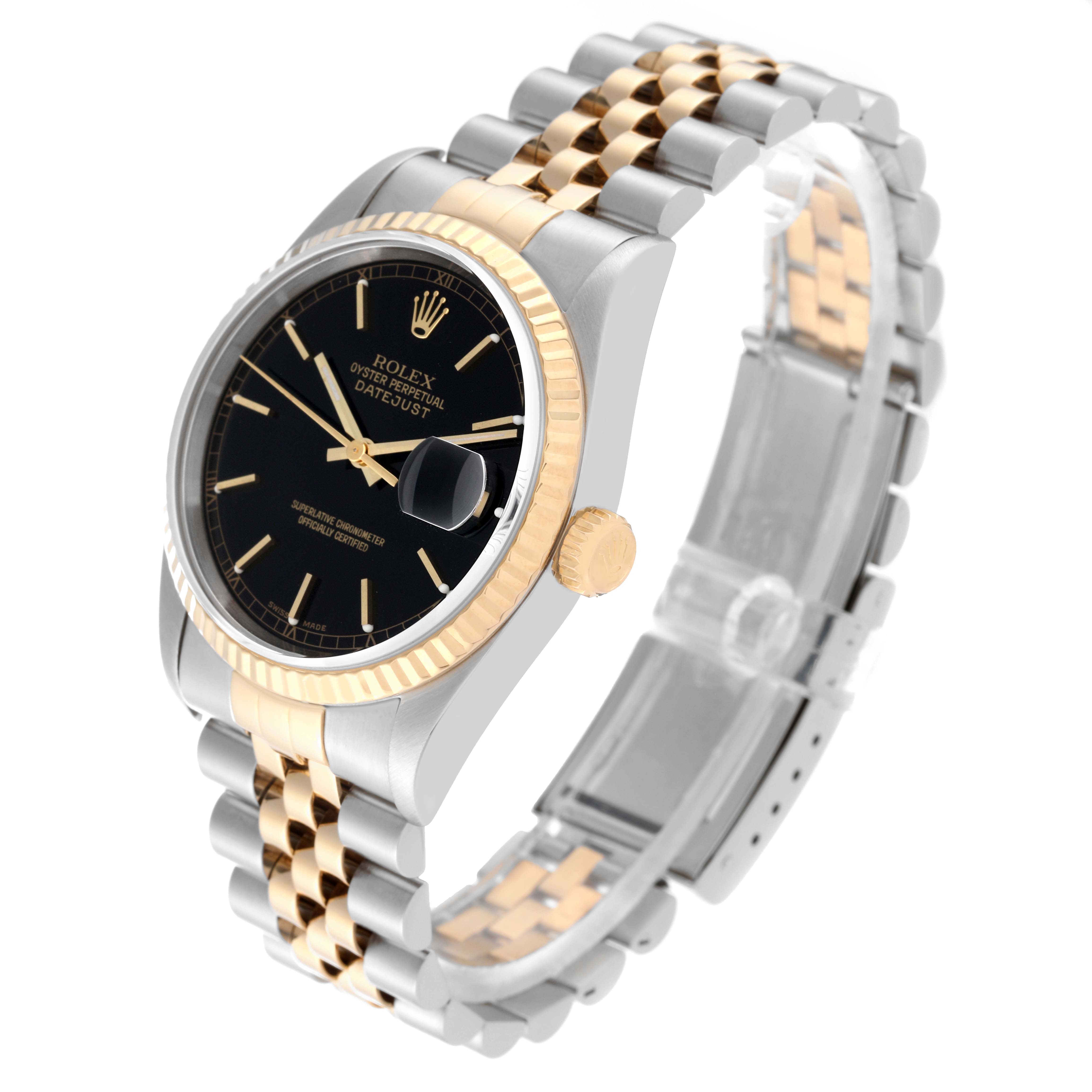 This Rolex Datejust 16233 Men's Stainless Steel Black Dial 16233 Men's Stainless Steel Black Dial watch is shown at a slight angle, displaying the dial, bezel, crown, and bracelet.