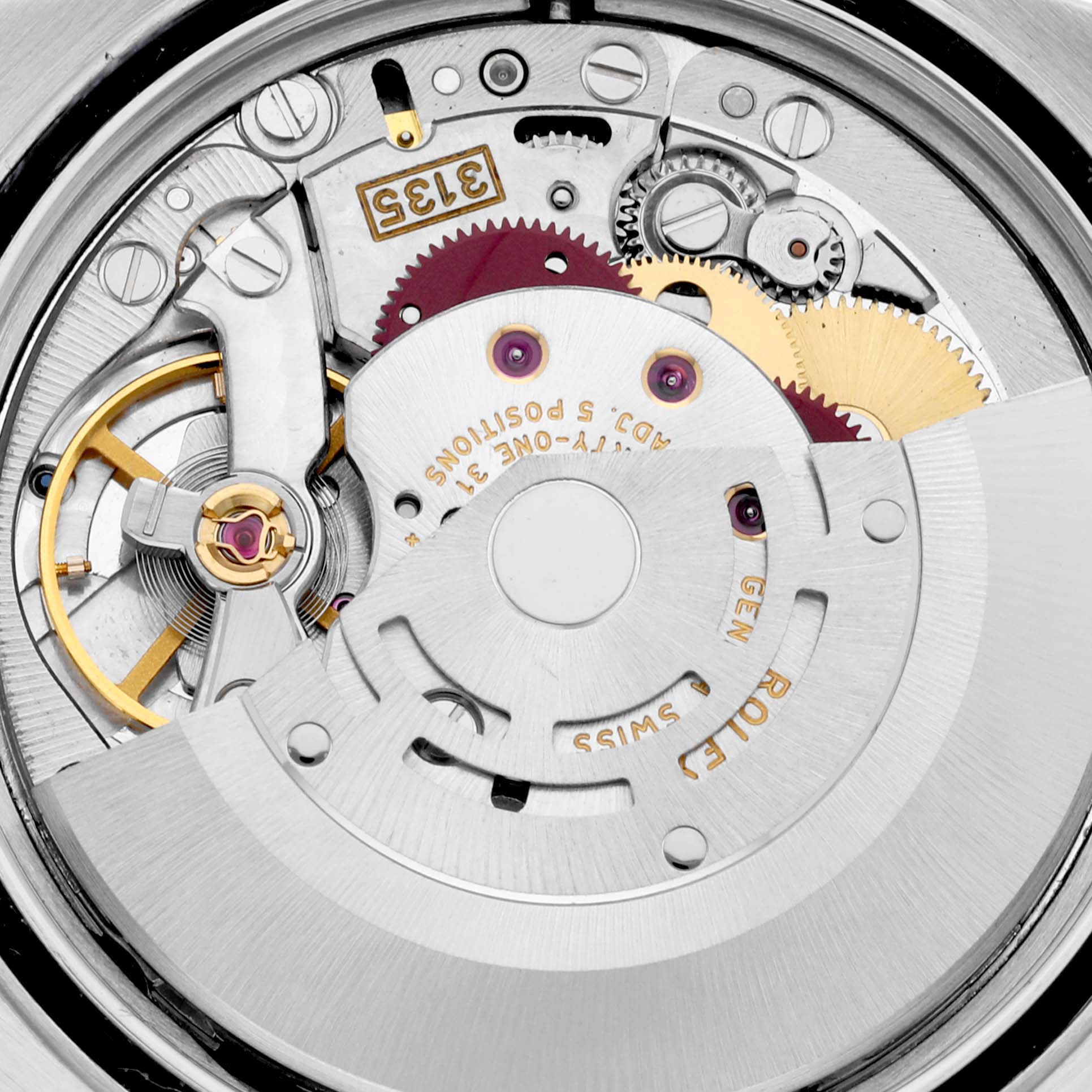 This image shows the internal mechanism of a Rolex Datejust 16233 Men's Stainless Steel Black Dial 16233 Men's Stainless Steel Black Dial watch from a close-up angle.