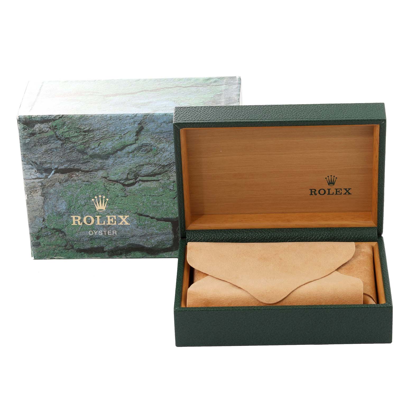 The image shows a Rolex Datejust 16233 Men's Stainless Steel Black Dial 16233 Men's Stainless Steel Black Dial watch box and its green and wood-colored interior at a front angle, with a leather pouch inside.