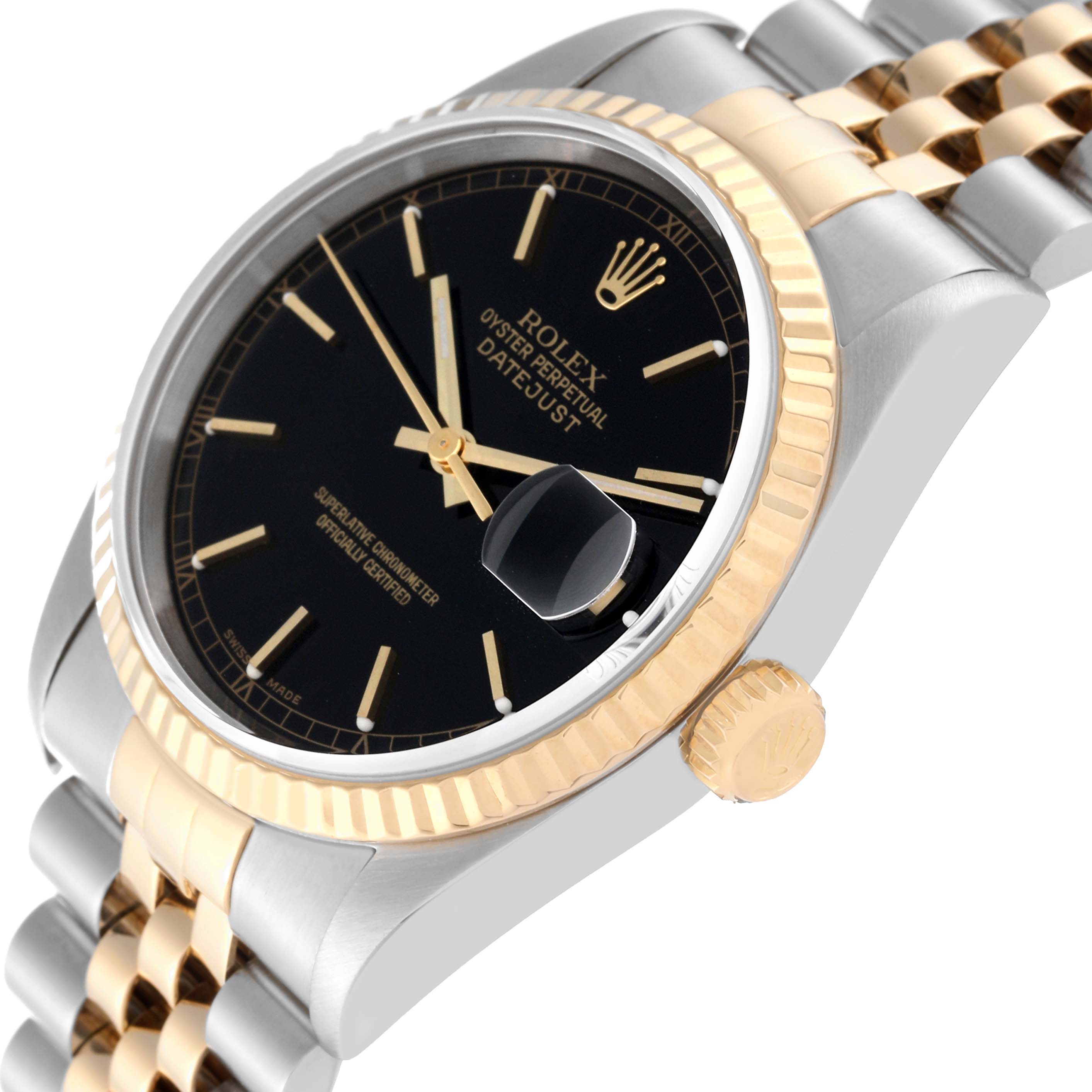 The image shows a side angle of a Rolex Datejust 16233 Men's Stainless Steel Black Dial 16233 Men's Stainless Steel Black Dial watch, highlighting its black dial, gold bezel, and bimetal bracelet.