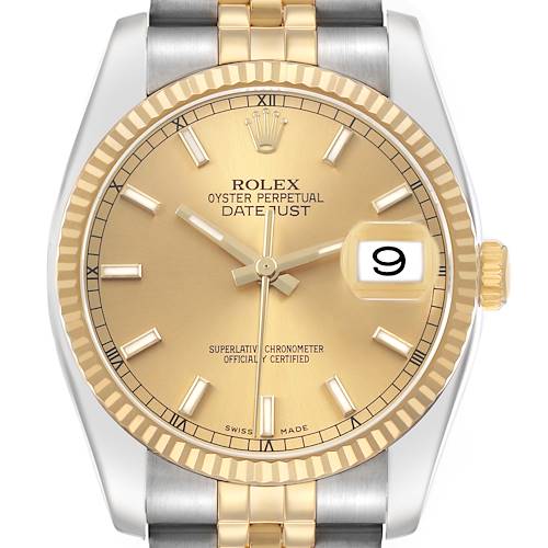 The Rolex Datejust 116233 Men's Steel and Gold (two tone) Champagne Dial watch is shown from a front angle, highlighting the gold dial, fluted bezel, and jubilee bracelet.
