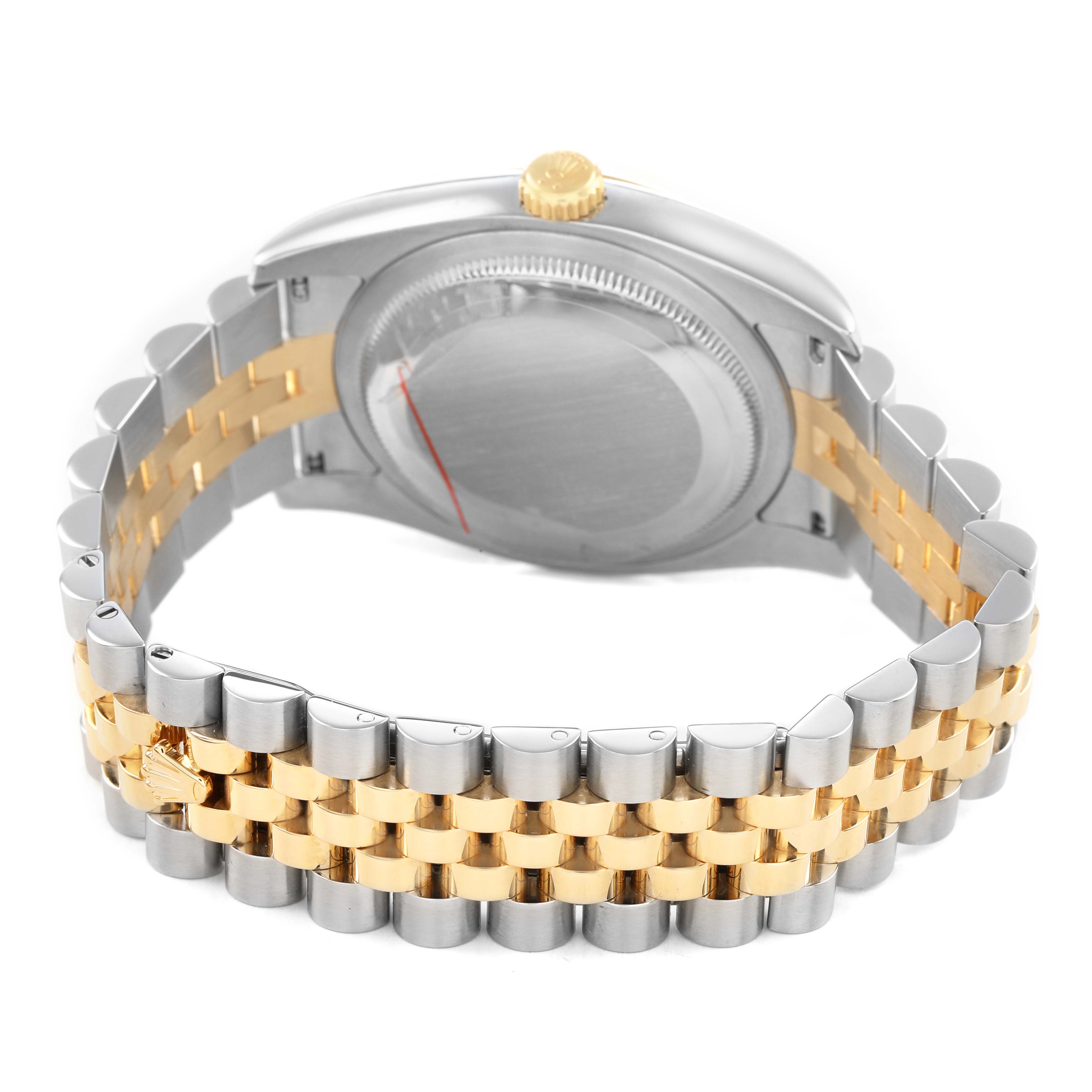 The image shows the back and side view of a Rolex Datejust 116233 Men's Steel and Gold (two tone) Champagne Dial watch, highlighting the gold and silver bracelet and crown.