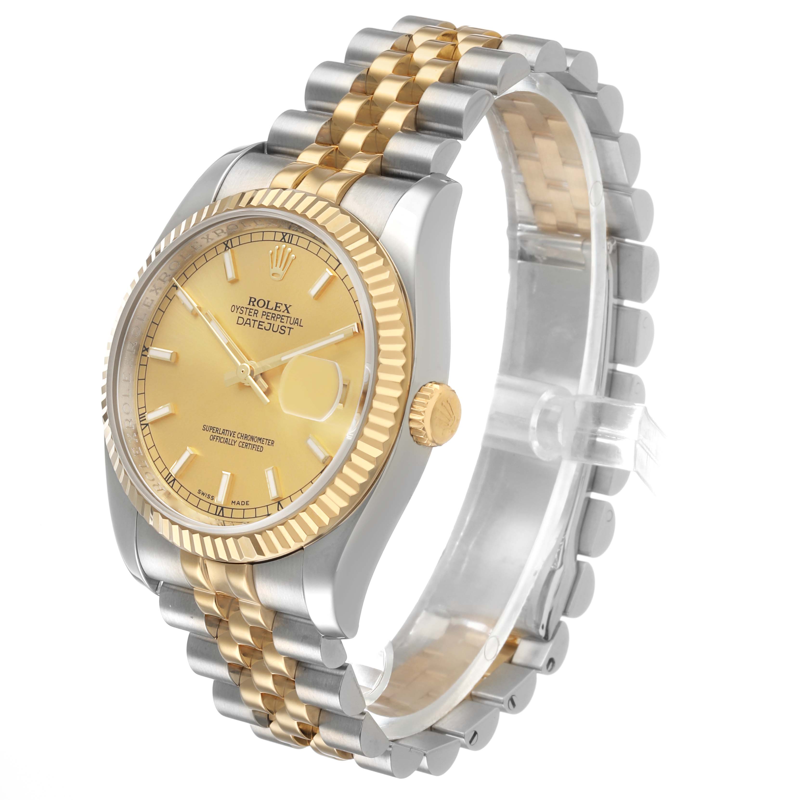 The Rolex Datejust 116233 Men's Steel and Gold (two tone) Champagne Dial watch is shown at a three-quarter angle, highlighting the dial, bezel, crown, and two-tone bracelet.