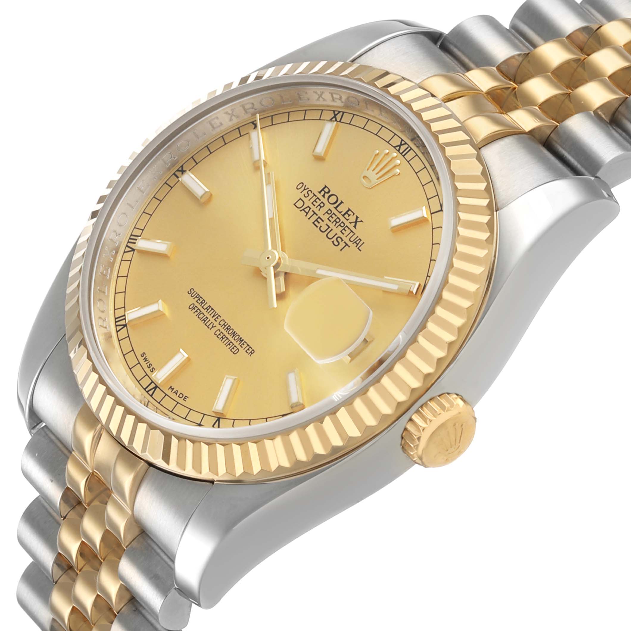 The image shows a Rolex Datejust 116233 Men's Steel and Gold (two tone) Champagne Dial watch at an angled view, highlighting the dial, fluted bezel, and two-tone bracelet.