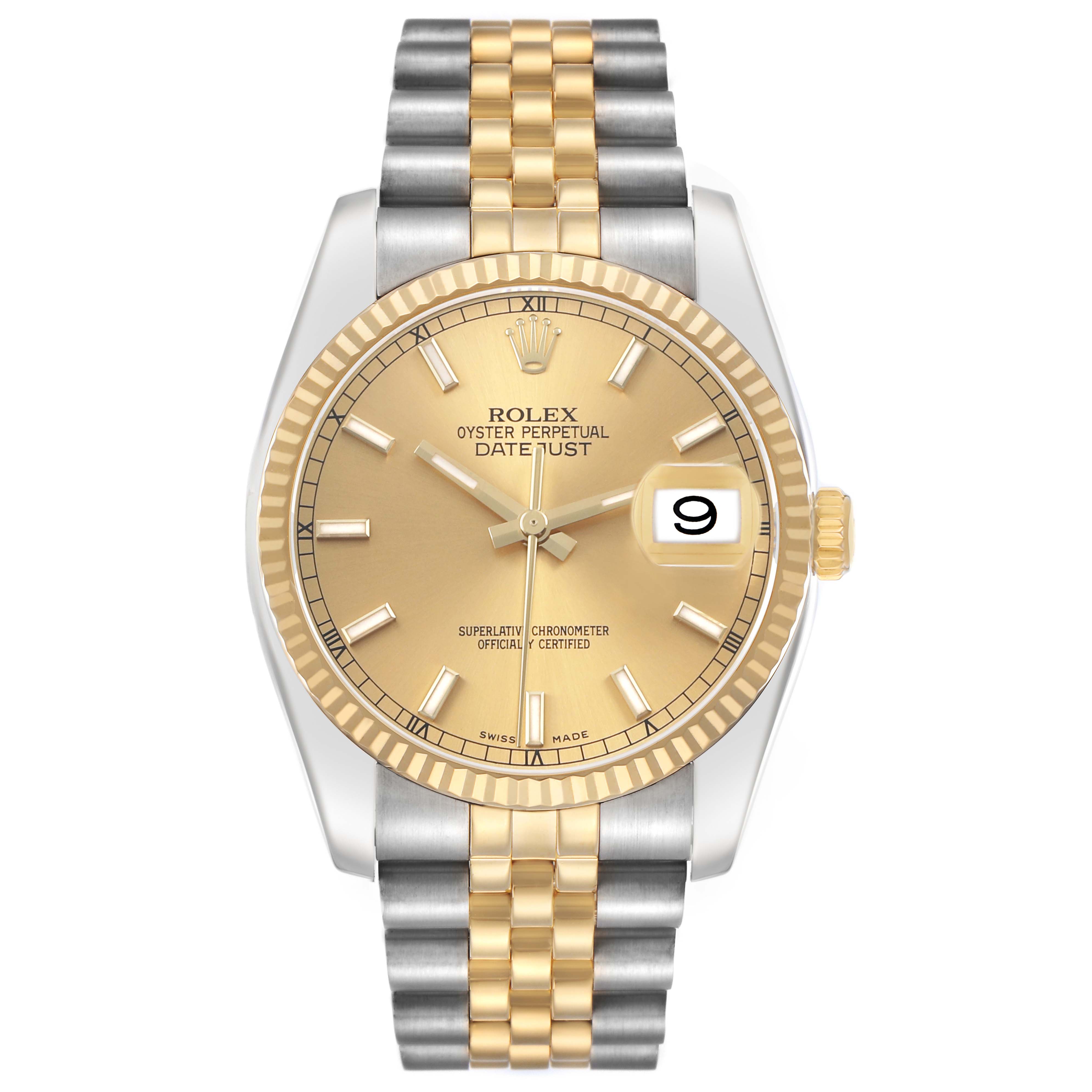 The Rolex Datejust 116233 Men's Steel and Gold (two tone) Champagne Dial watch is shown from the front, highlighting the dial, bezel, and two-tone bracelet.