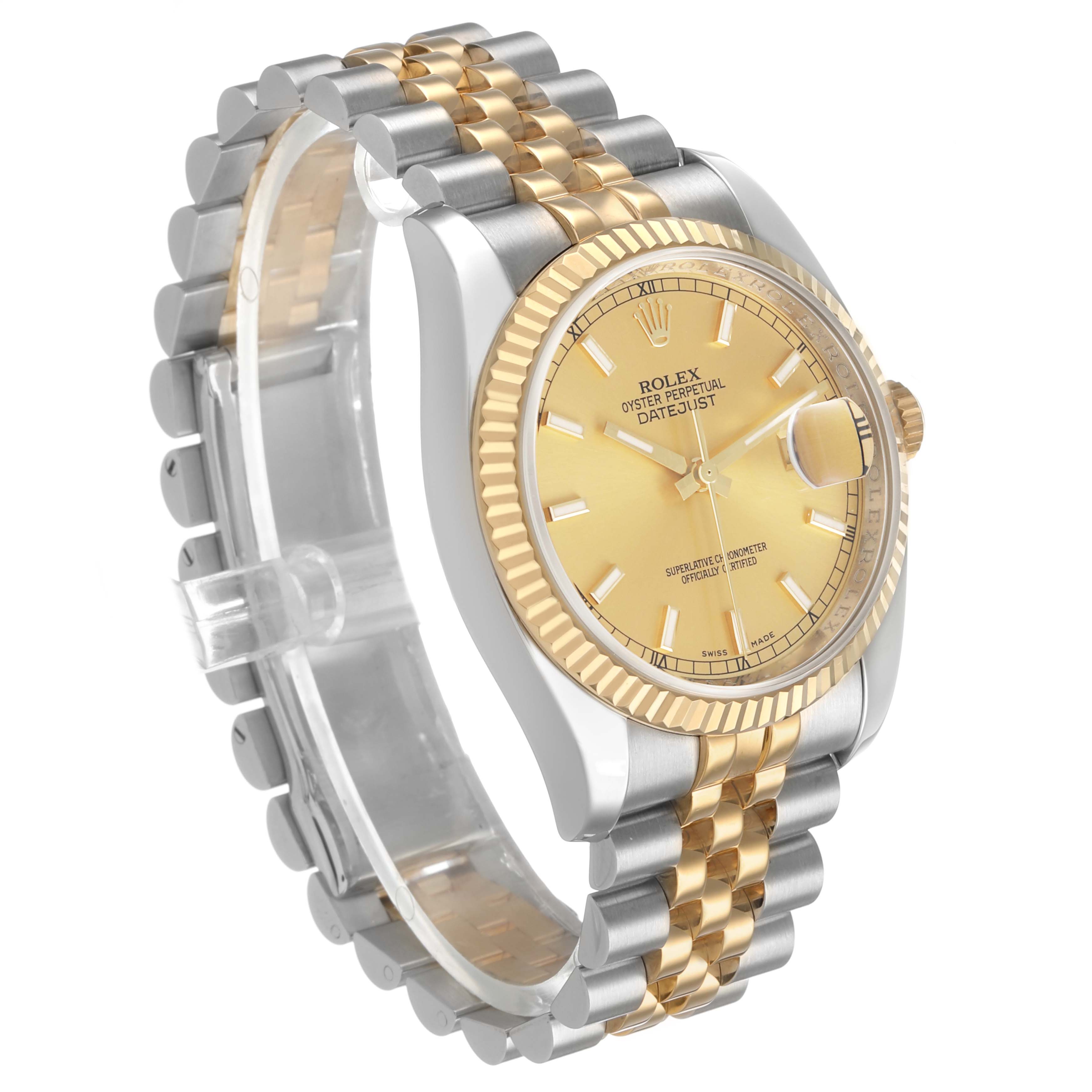 The Rolex Datejust 116233 Men's Steel and Gold (two tone) Champagne Dial watch is shown at a three-quarter angle, highlighting its gold dial, fluted bezel, and two-tone bracelet.