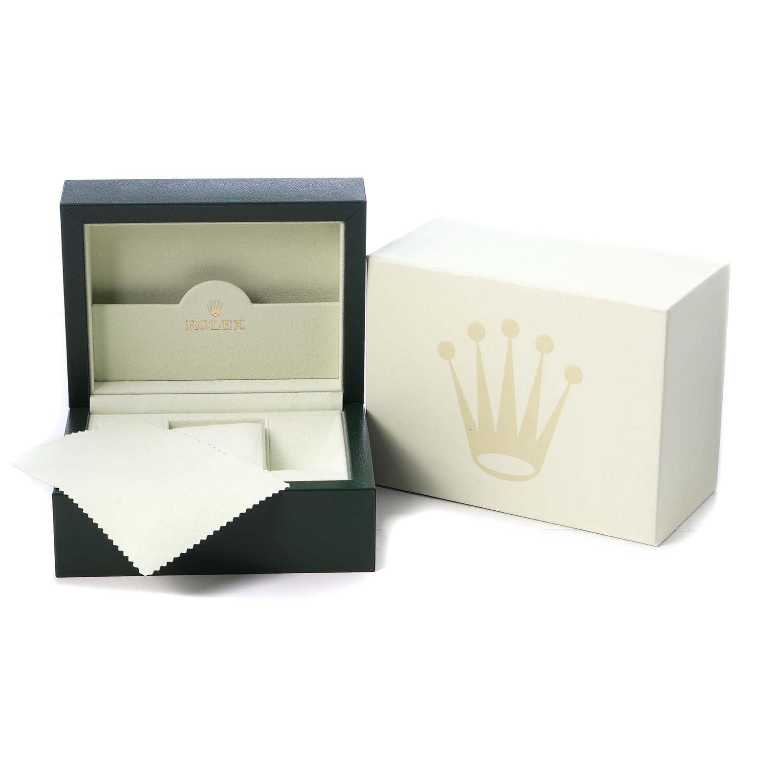 The image shows an open Rolex Datejust 116233 Men's Steel and Gold (two tone) Champagne Dial watch box, outer box, and cleaning cloth from a front angle.