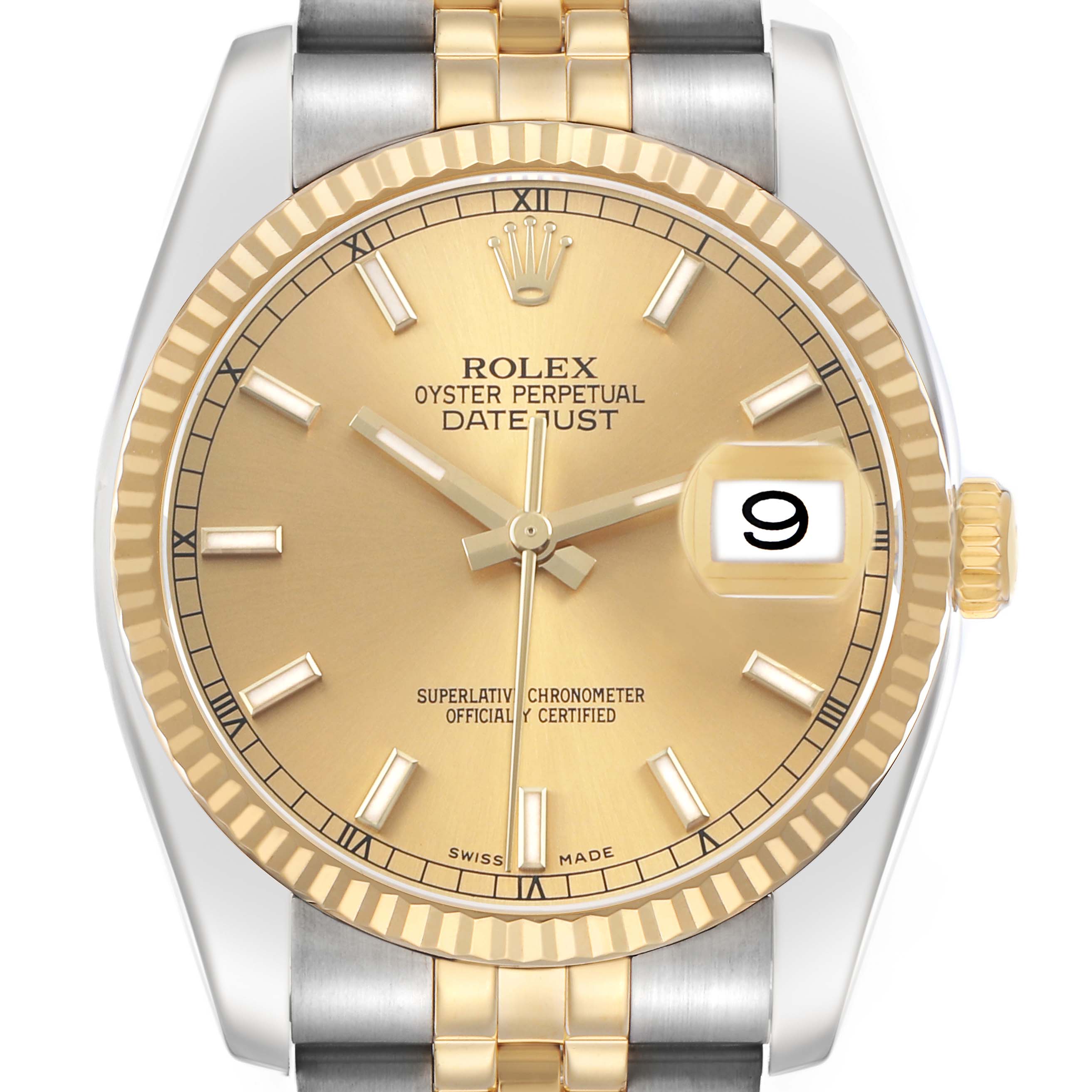 The Rolex Datejust 116233 Men's Steel and Gold (two tone) Champagne Dial watch is shown from the front, displaying the dial, fluted bezel, and part of the bracelet.