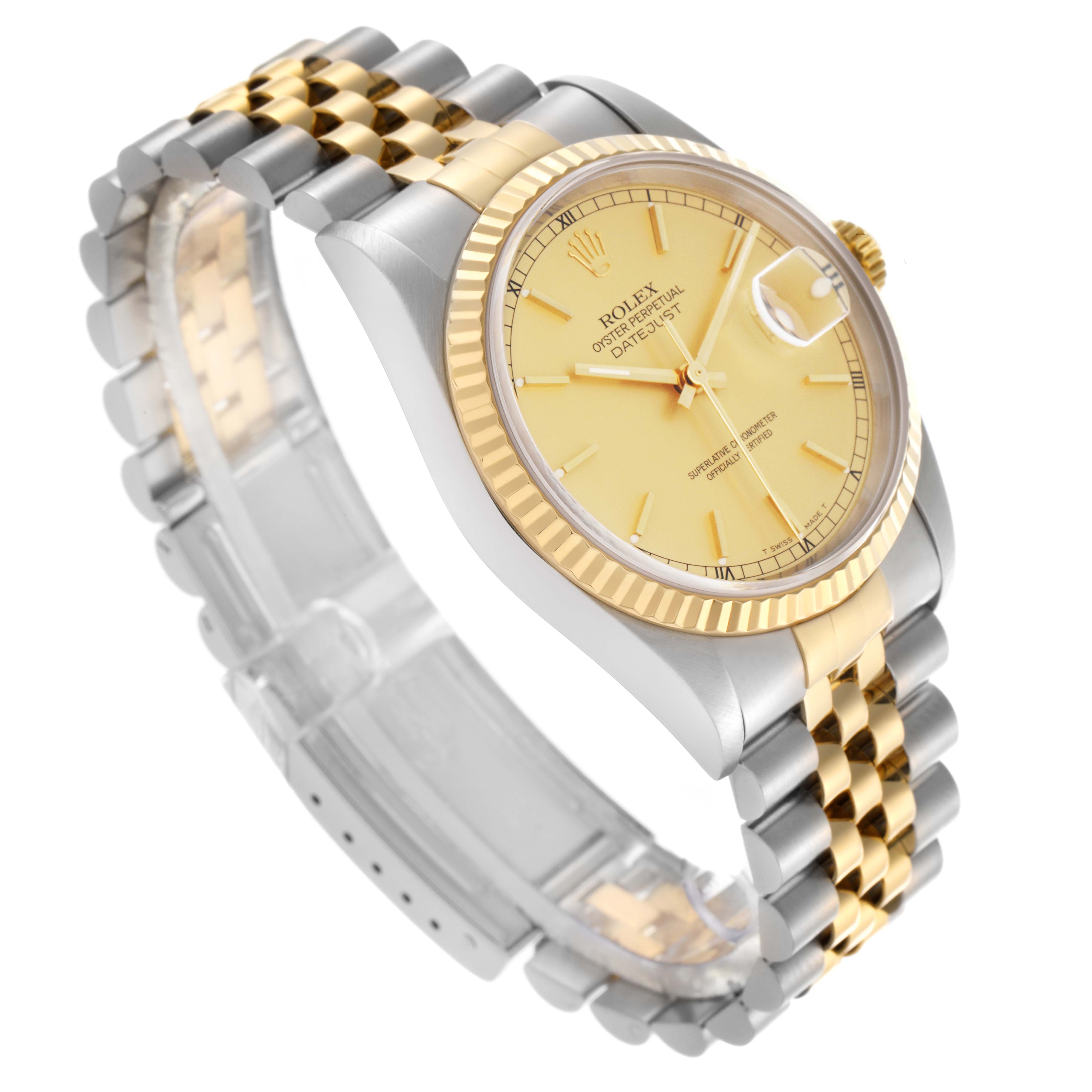 The Rolex Datejust 16233 Men
s Steel and Gold (two tone) Champagne Dial 16233 Men
s Steel and Gold (two tone) Champagne Dial watch is shown at an angle highlighting the gold bezel, dial, and two-tone jubilee bracelet.